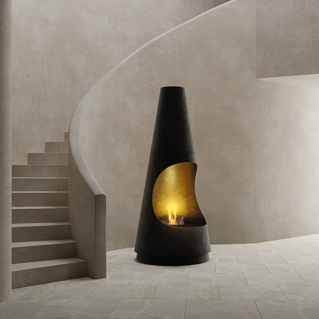 Archimedes bioethanol fireplace by GlammFire in modern minimalist staircase setting