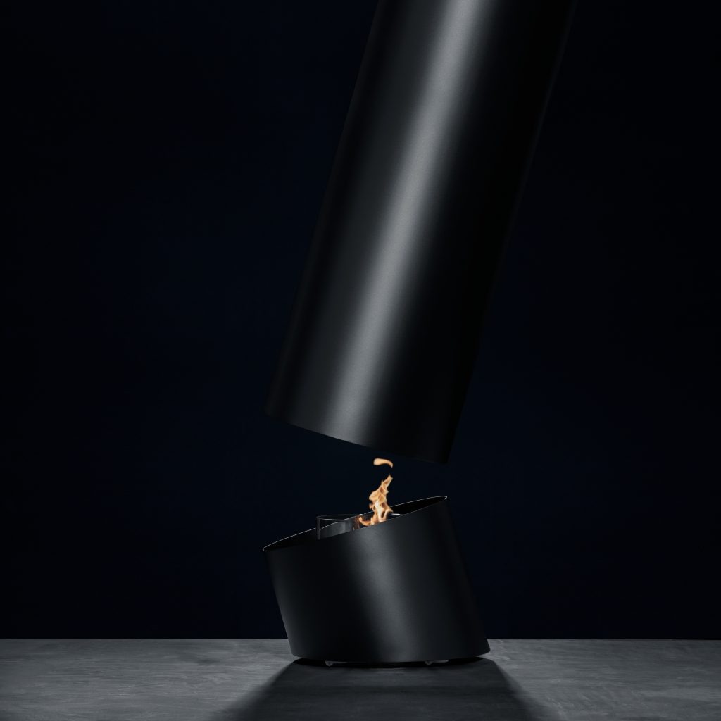 Side view of minimalist suspended bioethanol fireplace Contour 13 by GlammFire
