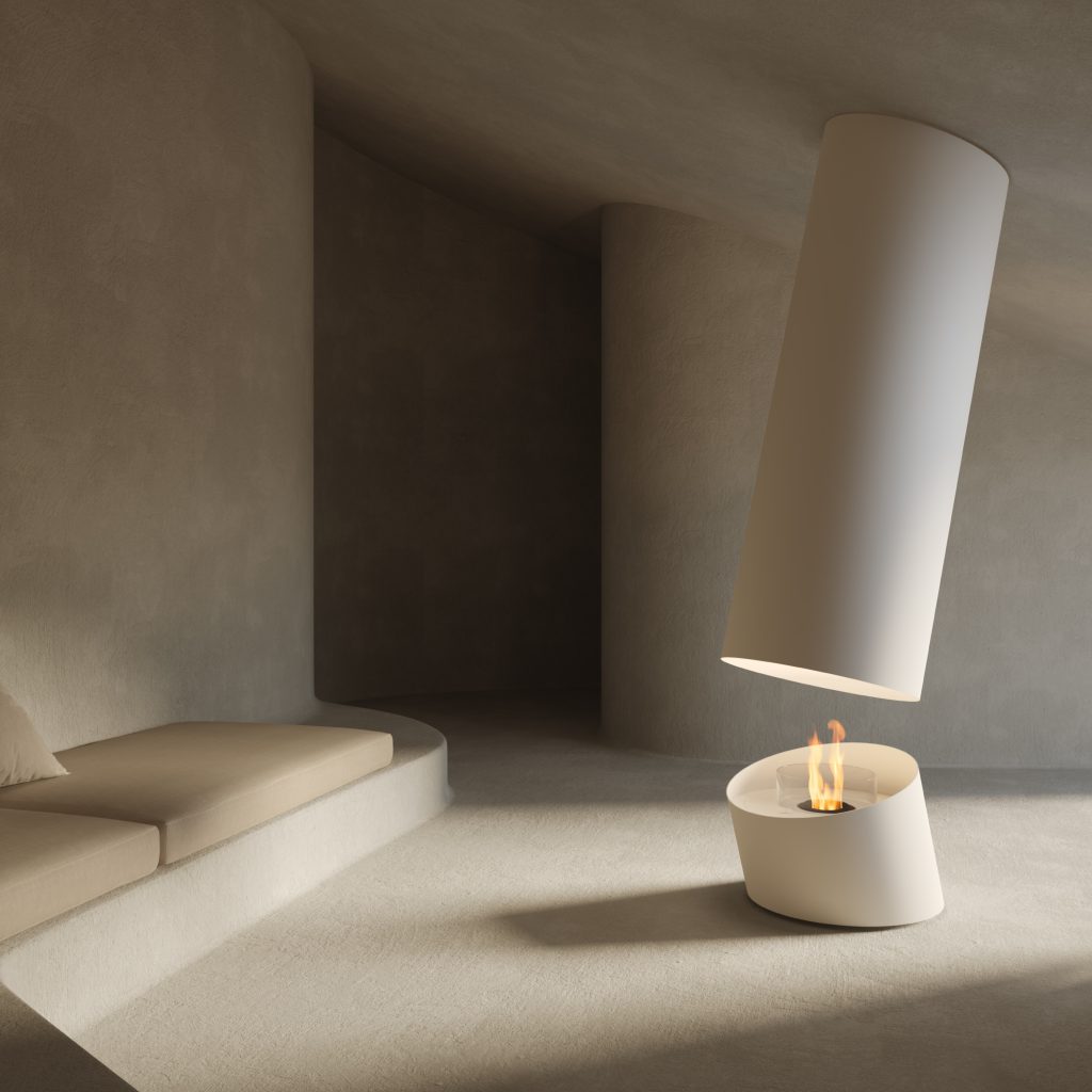 White suspended bioethanol fireplace Contour 13 by GlammFire in a minimalist beige interior