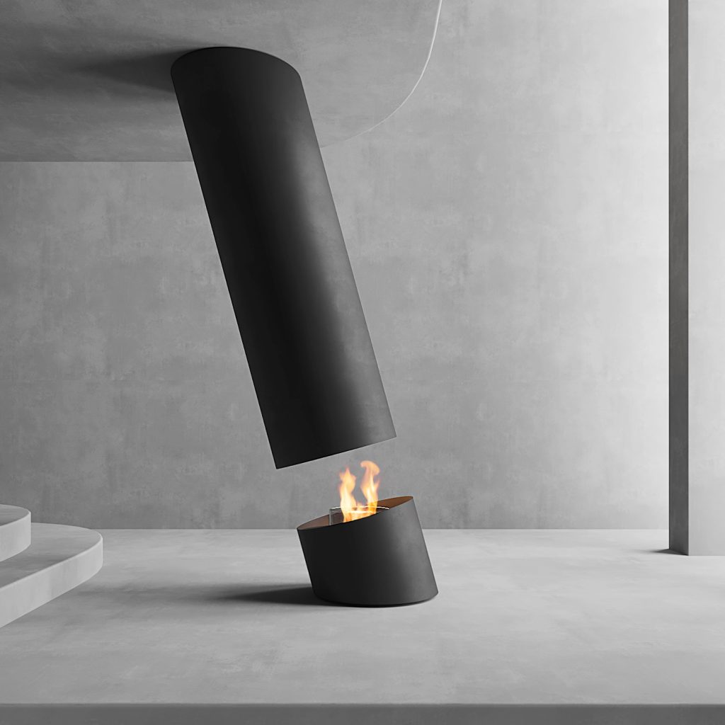 Minimalist suspended bioethanol fireplace Contour 13 by GlammFire in a modern concrete setting