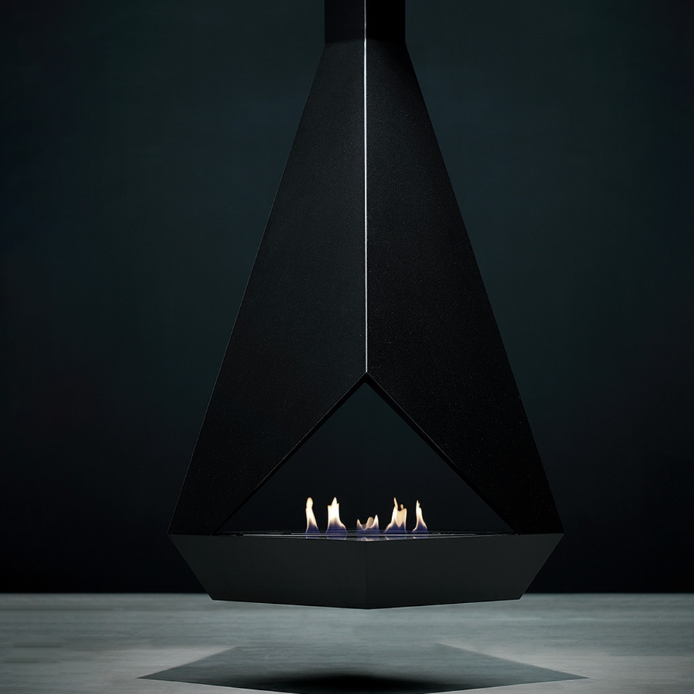Front view of Eudoxus, suspended bioethanol fireplace with a contemporary design in black.