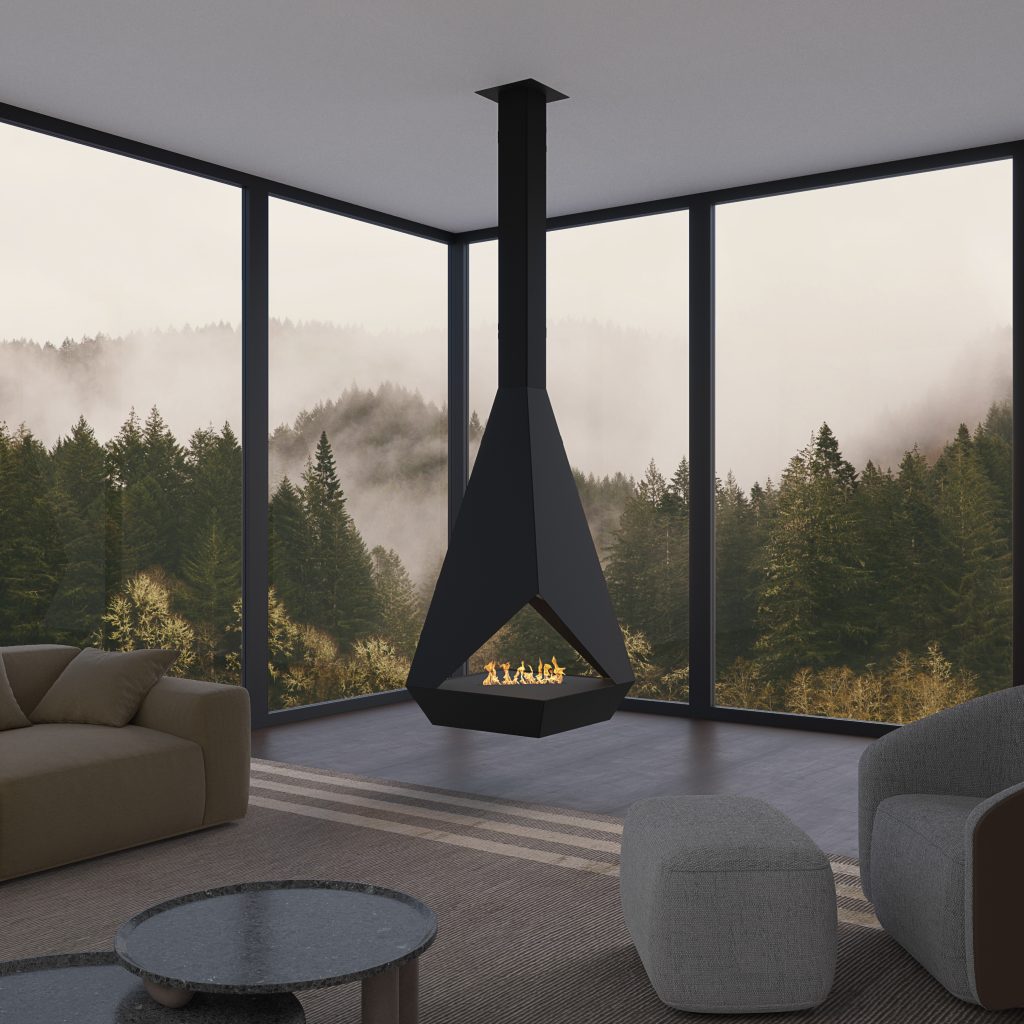 Eudoxus suspended bioethanol fireplace in a modern living room with panoramic forest view