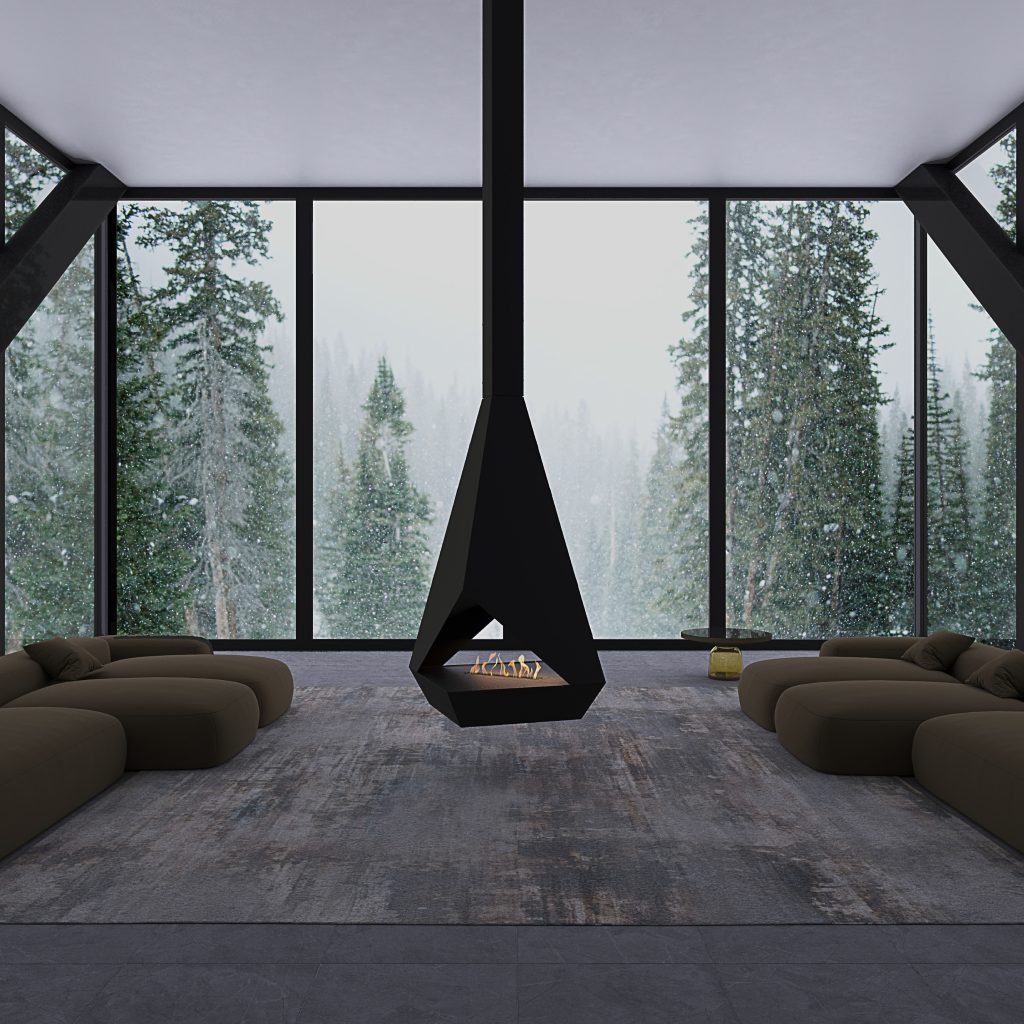 Eudoxus bioethanol suspended fireplace in a luxury living room with forest view