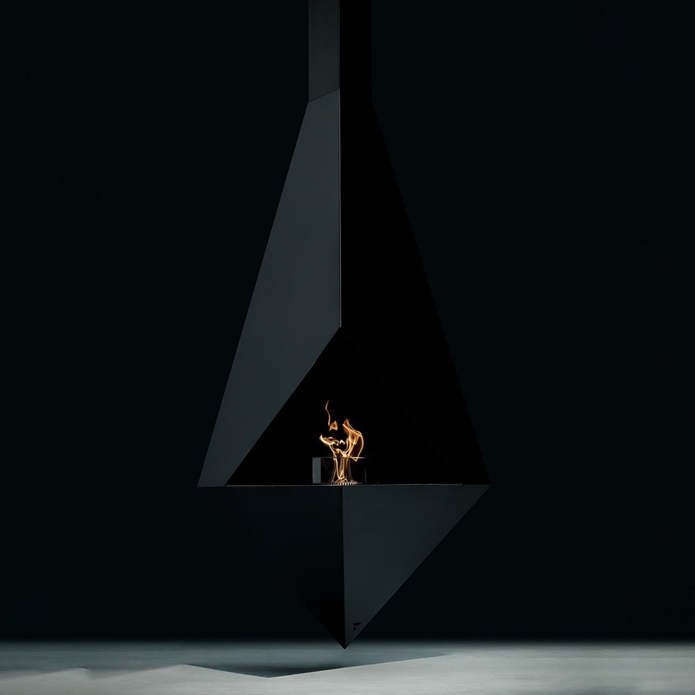 Front view of Pythagoras, suspended bioethanol fireplace with a contemporary design in black.