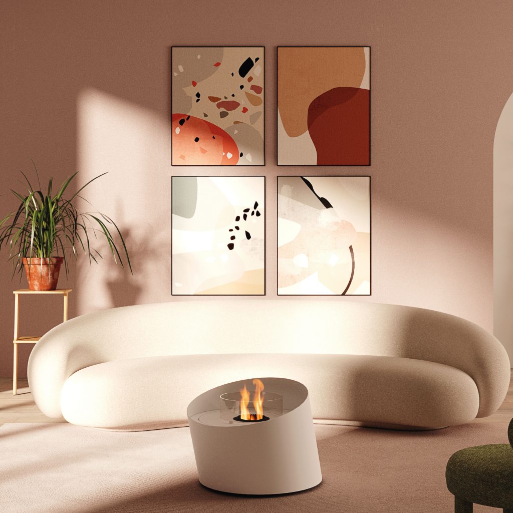 Contour bioethanol floor fireplace by GlammFire in a modern living room with abstract art and minimalist furniture
