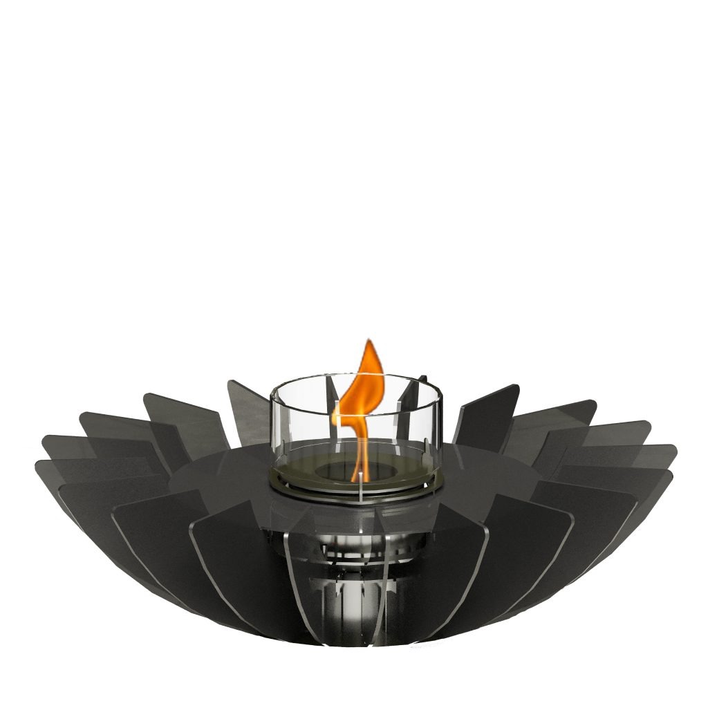 Cosmo bioethanol tabletop fireplace by GlammFire with a sleek, flower-inspired design, and transparent background, showcasing a modern flame in a glass container.