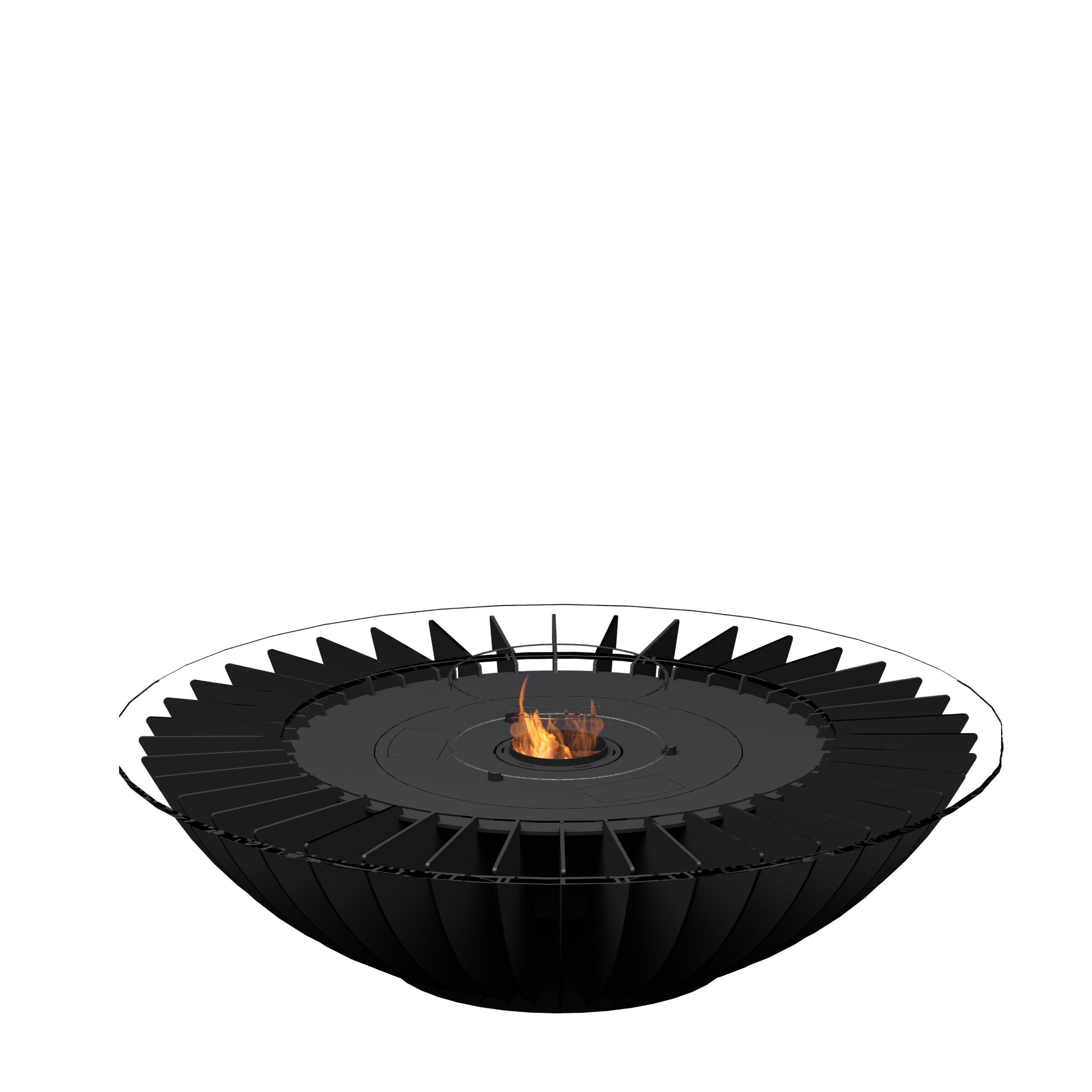 Cosmo EVO Round bioethanol floor fireplace by GlammFire, inspired by the sun, featuring a circular design with black metallic elements.