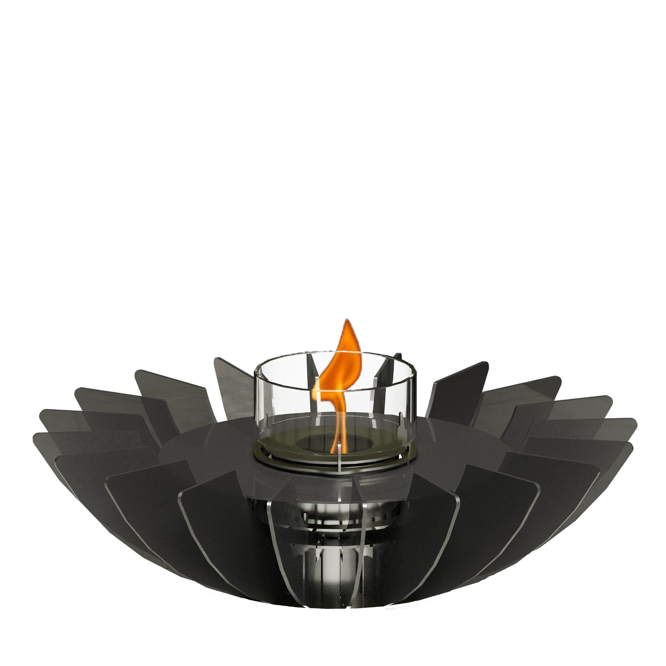 Cosmo bioethanol tabletop fireplace by GlammFire with a sleek, flower-inspired design, and transparent background, showcasing a modern flame in a glass container.