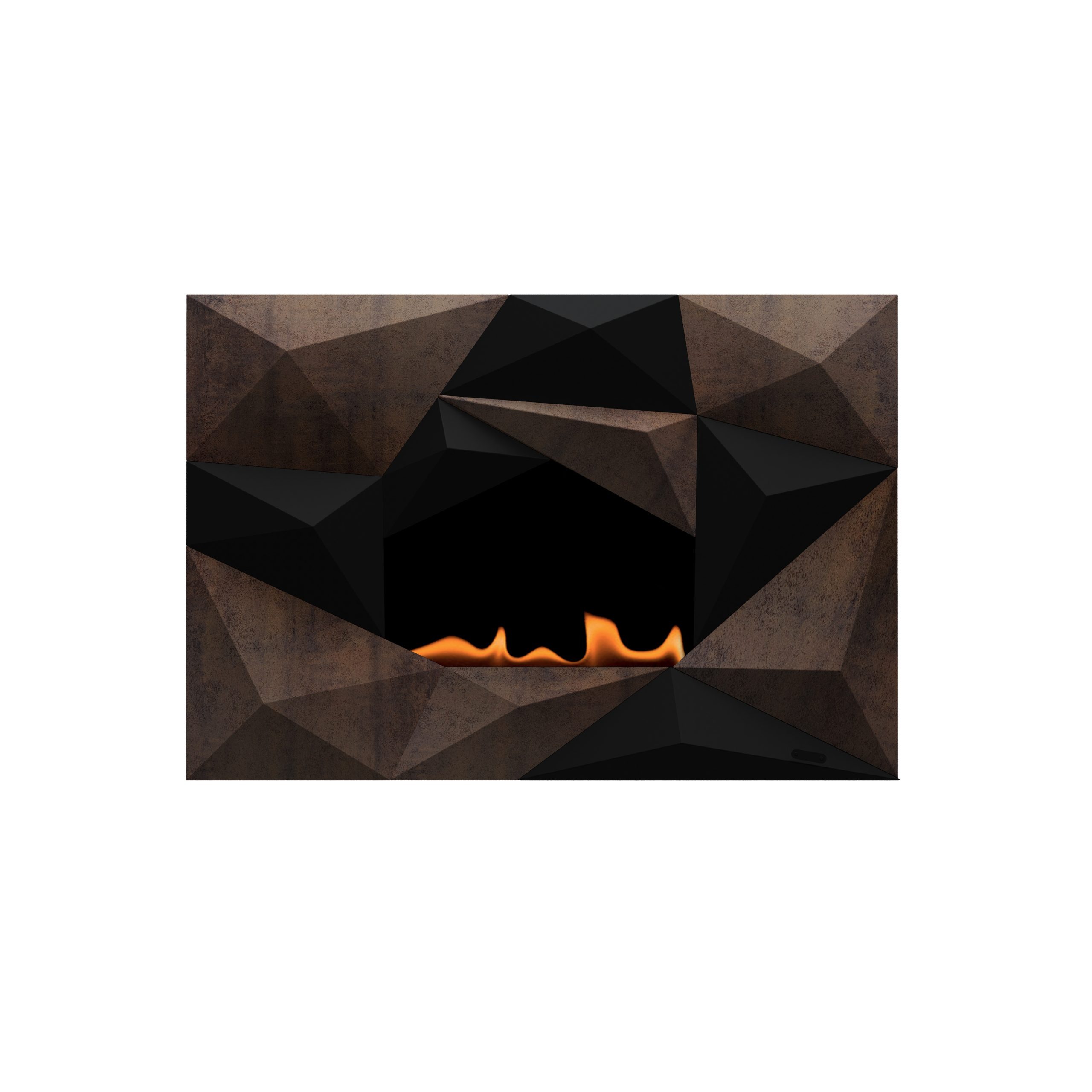 Crystal wall-mounted bioethanol fireplace featuring a unique geometric design in a rust and black finish.