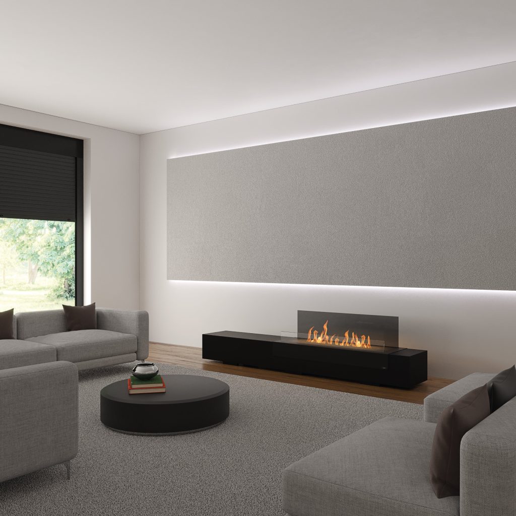 Modern living room featuring the Loft bioethanol floor fireplace by GlammFire, with sleek black design and eco-friendly flame.
