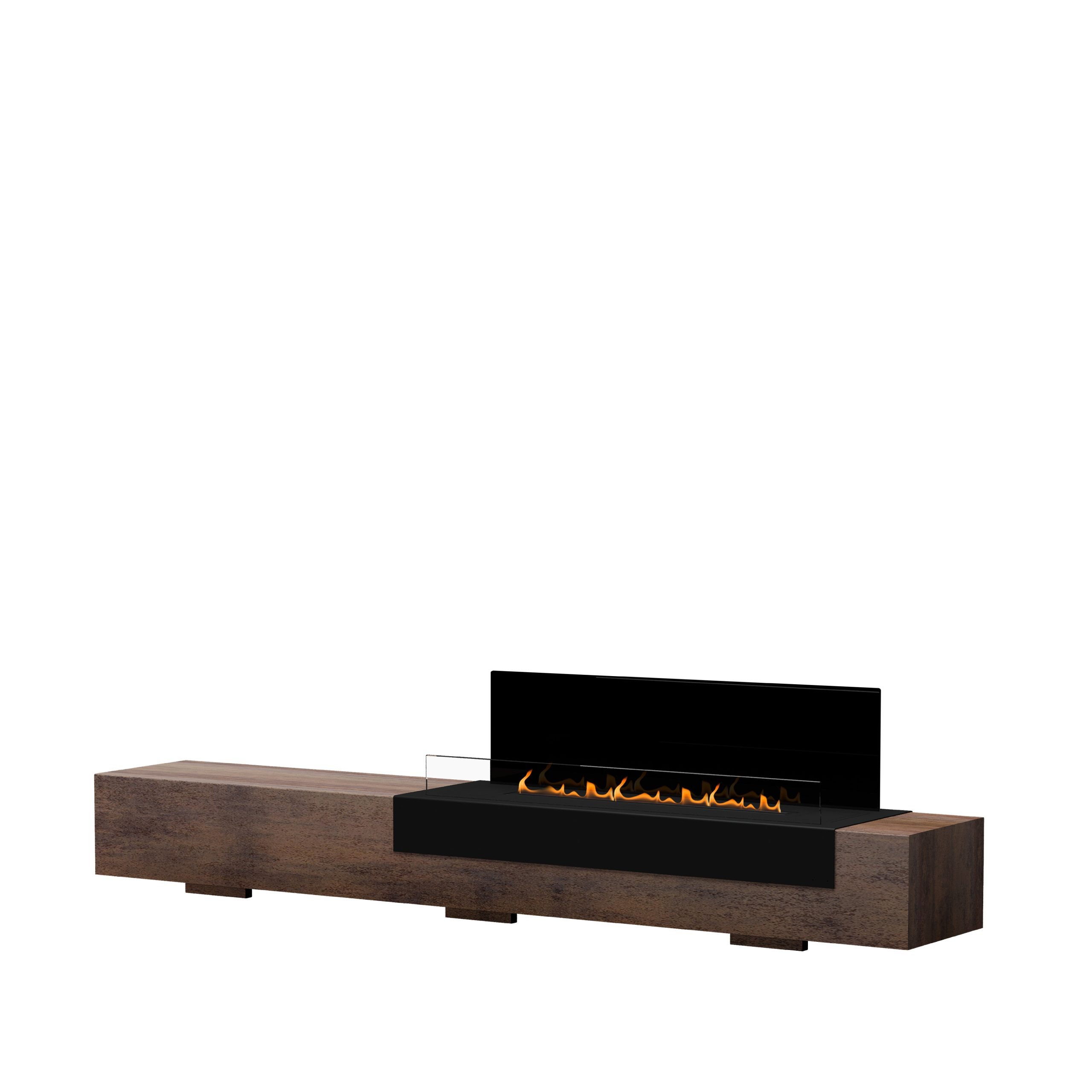 Loft bioethanol floor fireplace by GlammFire with a modern rustic design, featuring a sleek black burner set on a wooden platform.