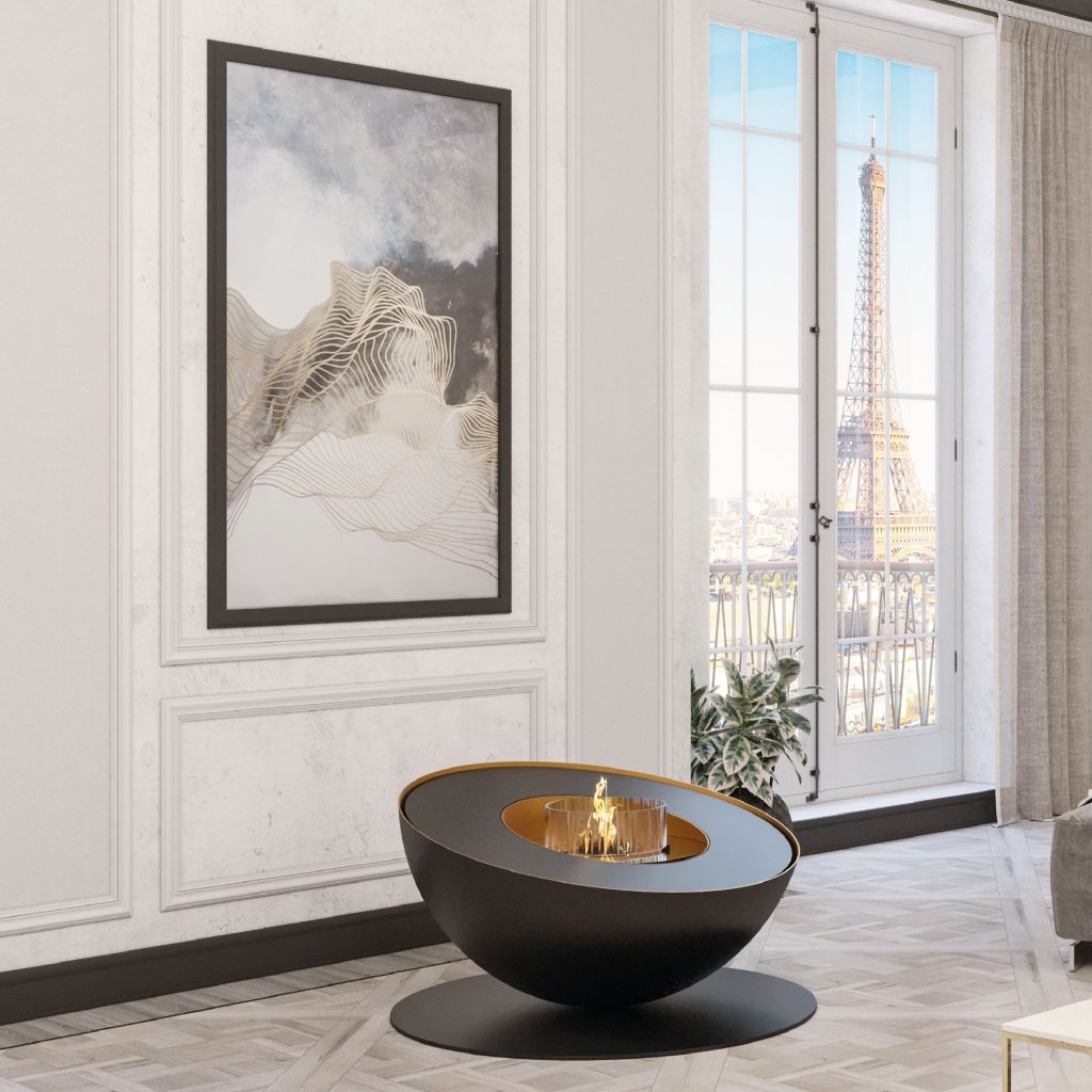 Mileto bioethanol floor fireplace by GlammFire in an elegant Parisian interior with a view of the Eiffel Tower, showcasing its sleek and modern design.