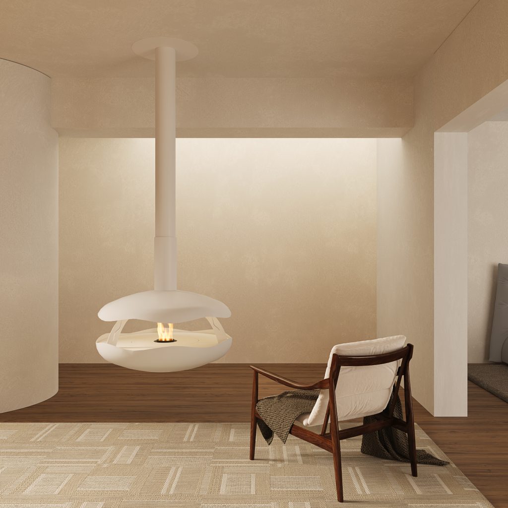 Perola Plus suspended bioethanol fireplace by GlammFire in white finish, featured in a modern minimalist interior