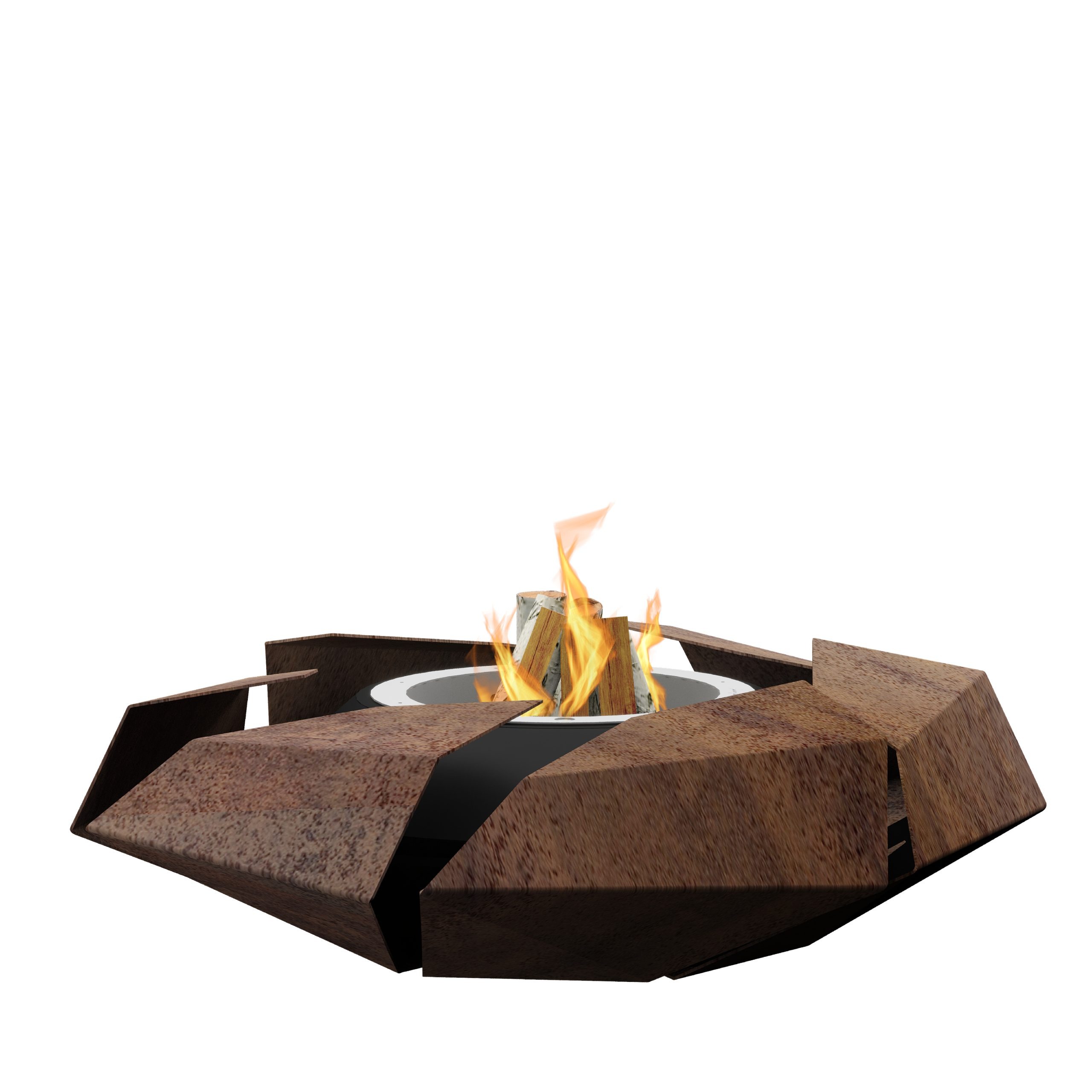 Stravaganza fire pit with transparent background, featuring a floral-inspired design and versatile combustion options.