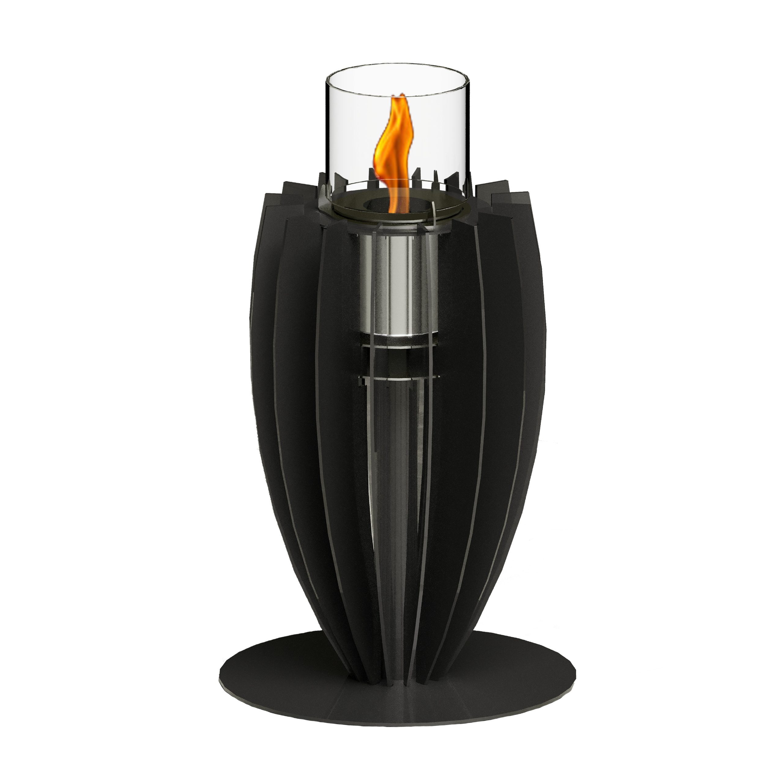 Tuli bioethanol tabletop fireplace by GlammFire in black, featuring a sleek, modern vertical design with a central flame in a glass container.