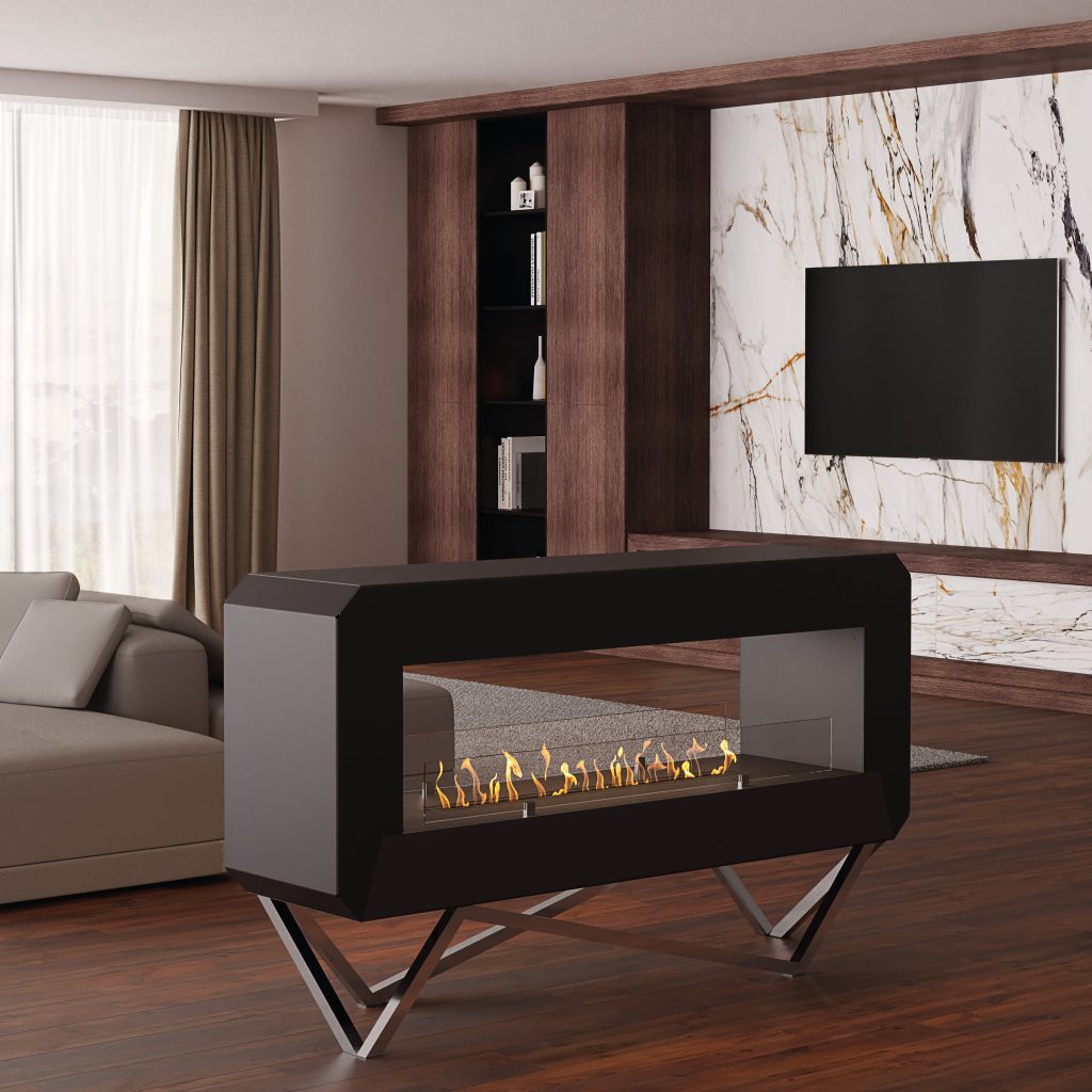 Urban bioethanol floor fireplace by GlammFire in a modern living room with marble and wood accents