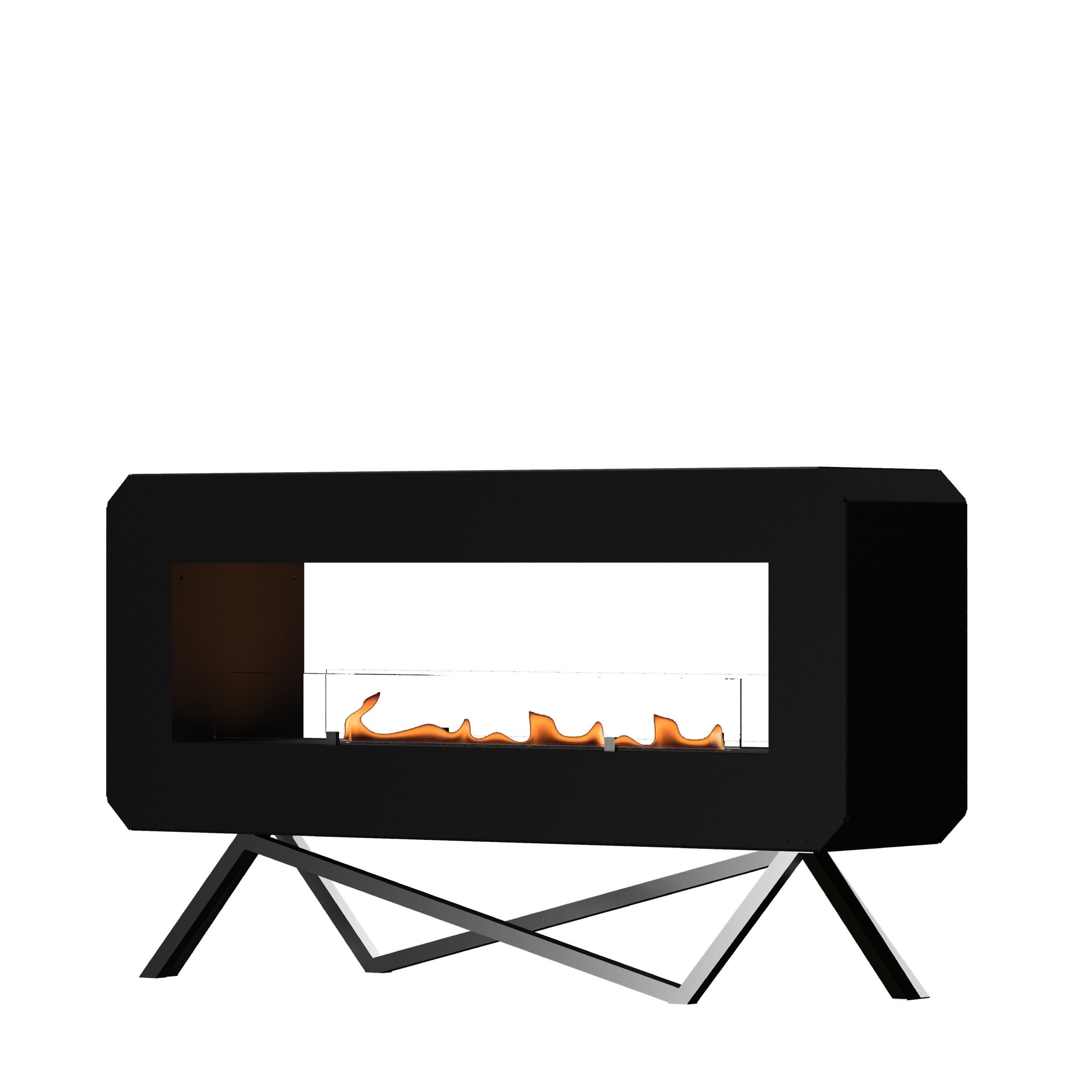 Urban bioethanol floor fireplace by GlammFire with a modern black design on geometric metal legs