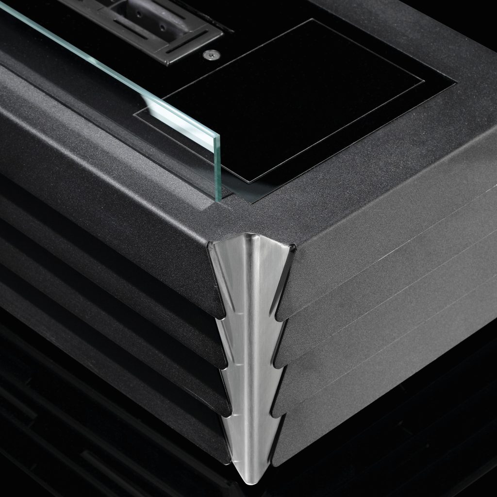 Close-up detail of the fins on the York bioethanol fireplace by GlammFire, showcasing its unique design.