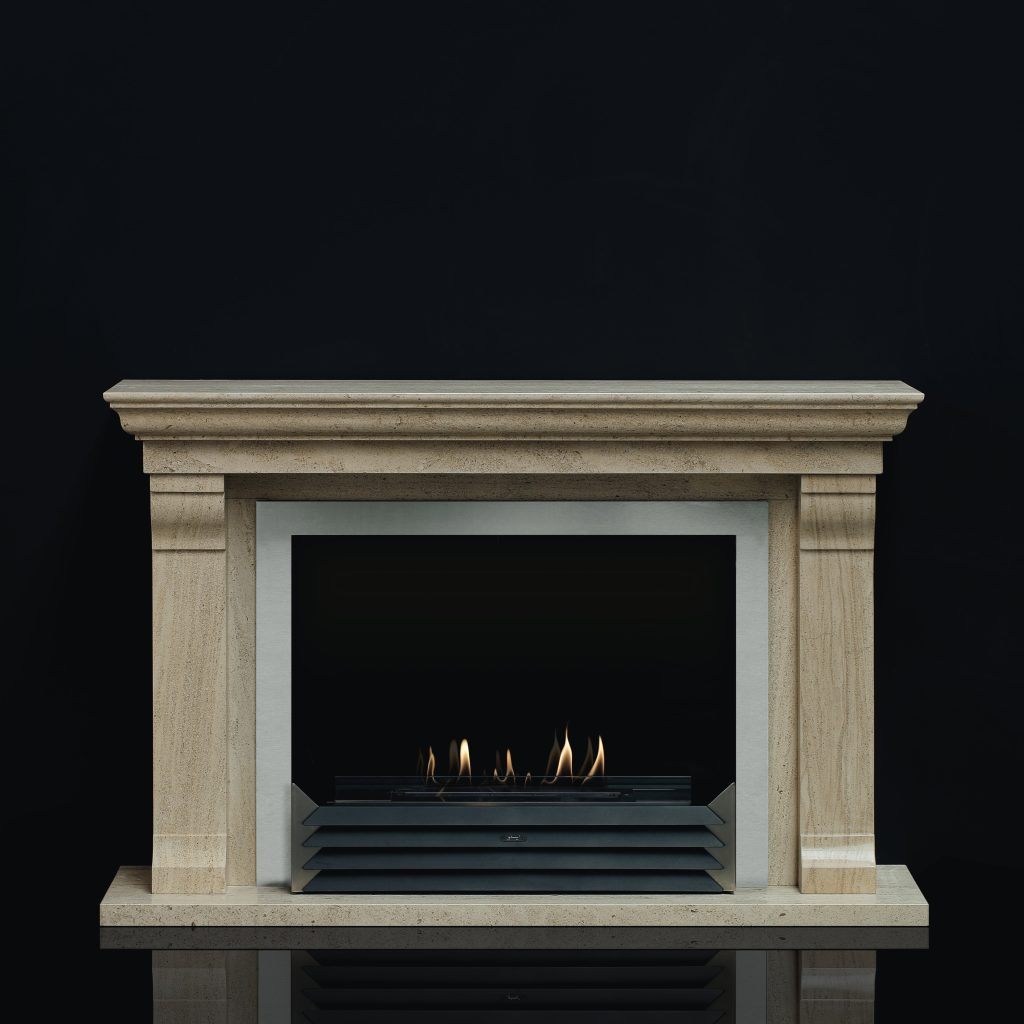 York bioethanol fireplace insert fitted in a classic stone mantel, by GlammFire, with a clean and elegant flame.
