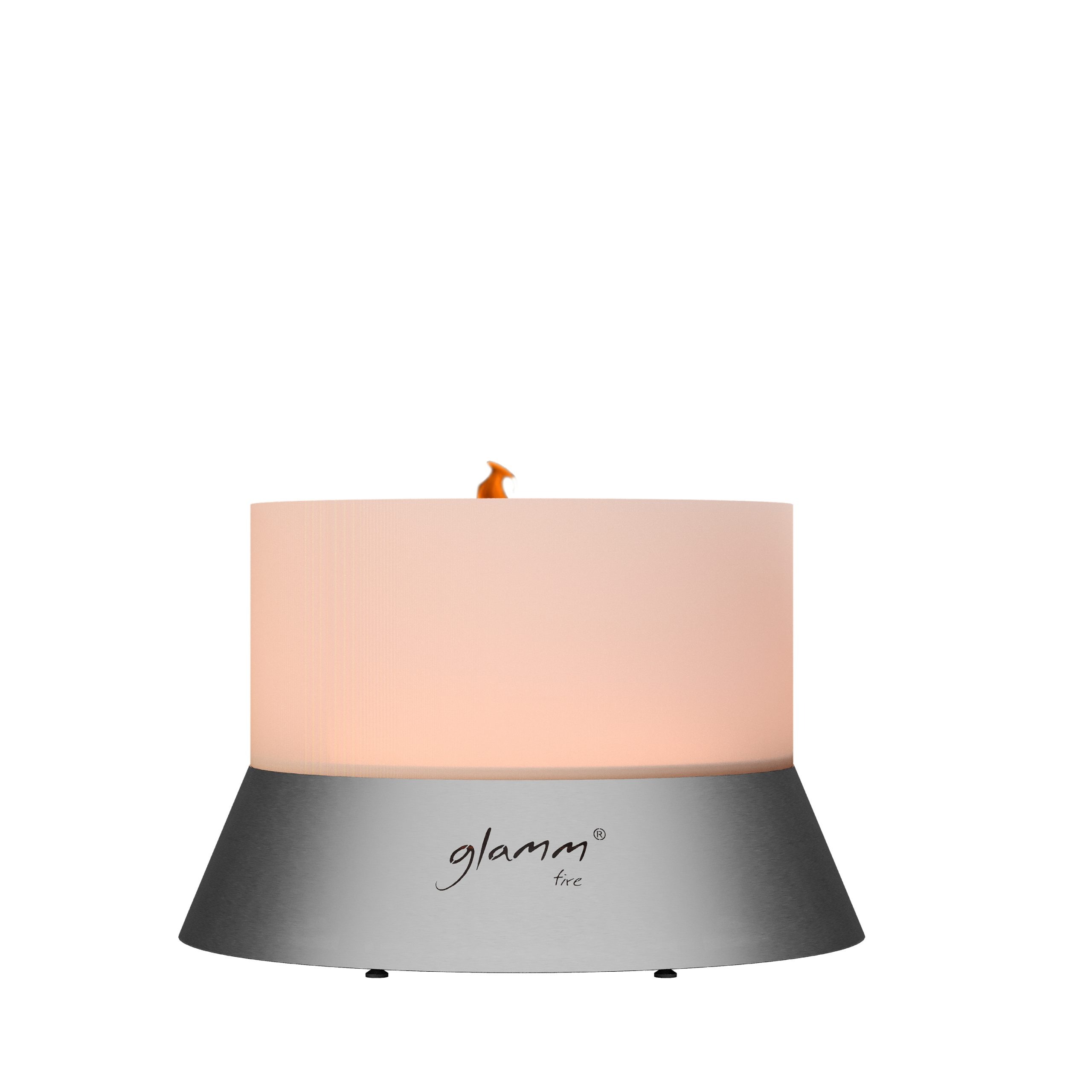 Alba Crea7ion EVORound by GlammFire, modern bioethanol fire pit with a stainless steel base and cylindrical top.