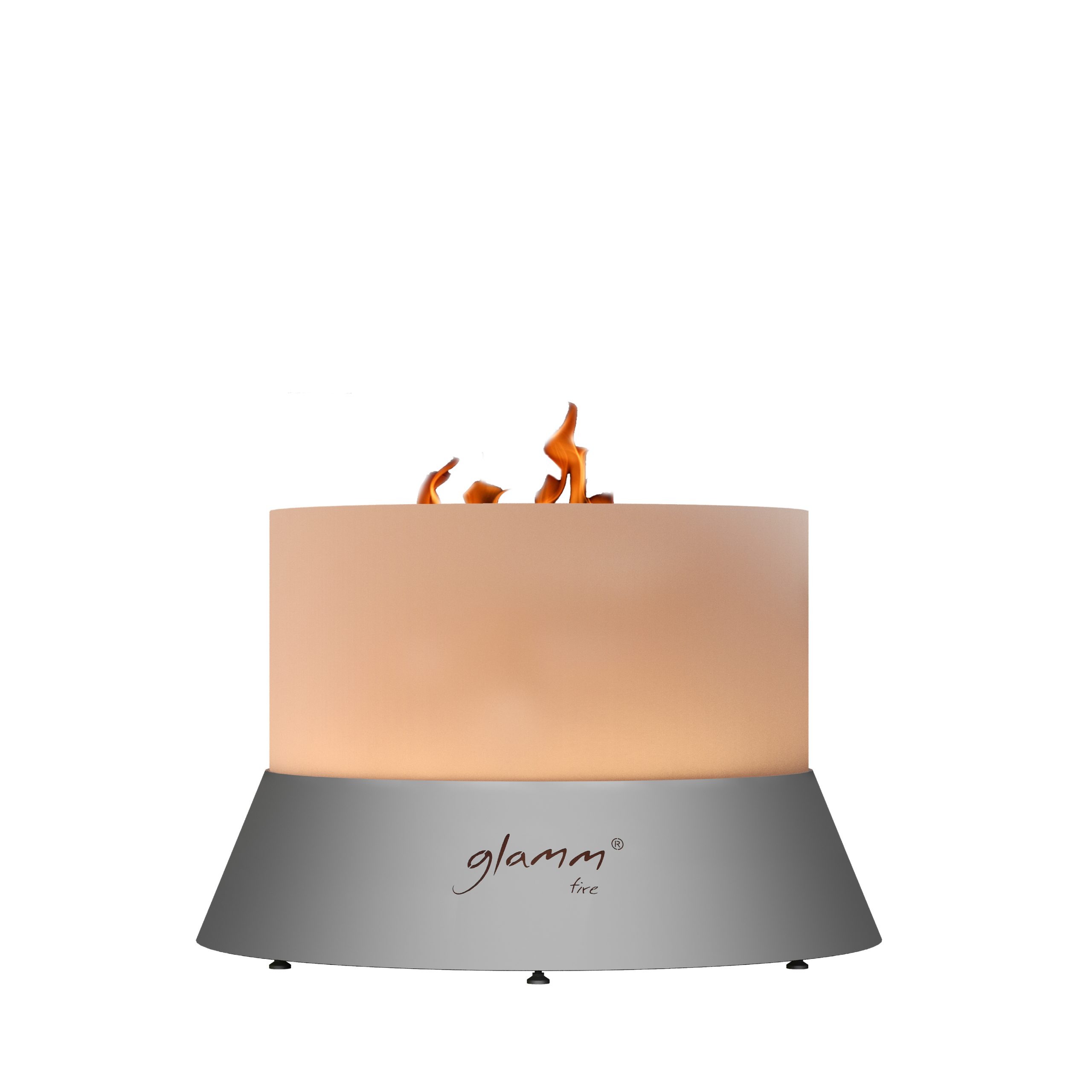 Alba firewood burning fire pit by GlammFire, featuring a modern stainless steel base and an orange top.