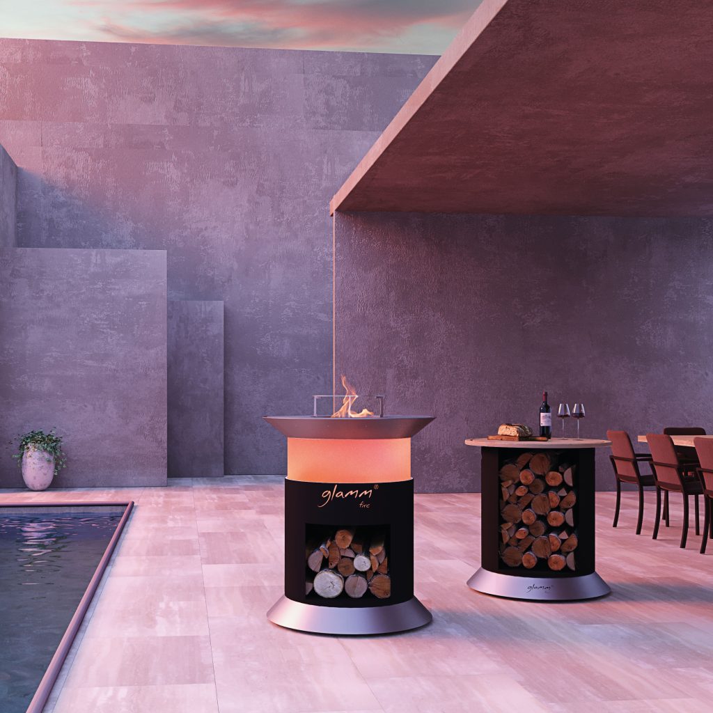 Alba Grill by GlammFire, an elegant outdoor barbecue with a circular design and fire pit, perfect for stylish grilling and outdoor dining.
