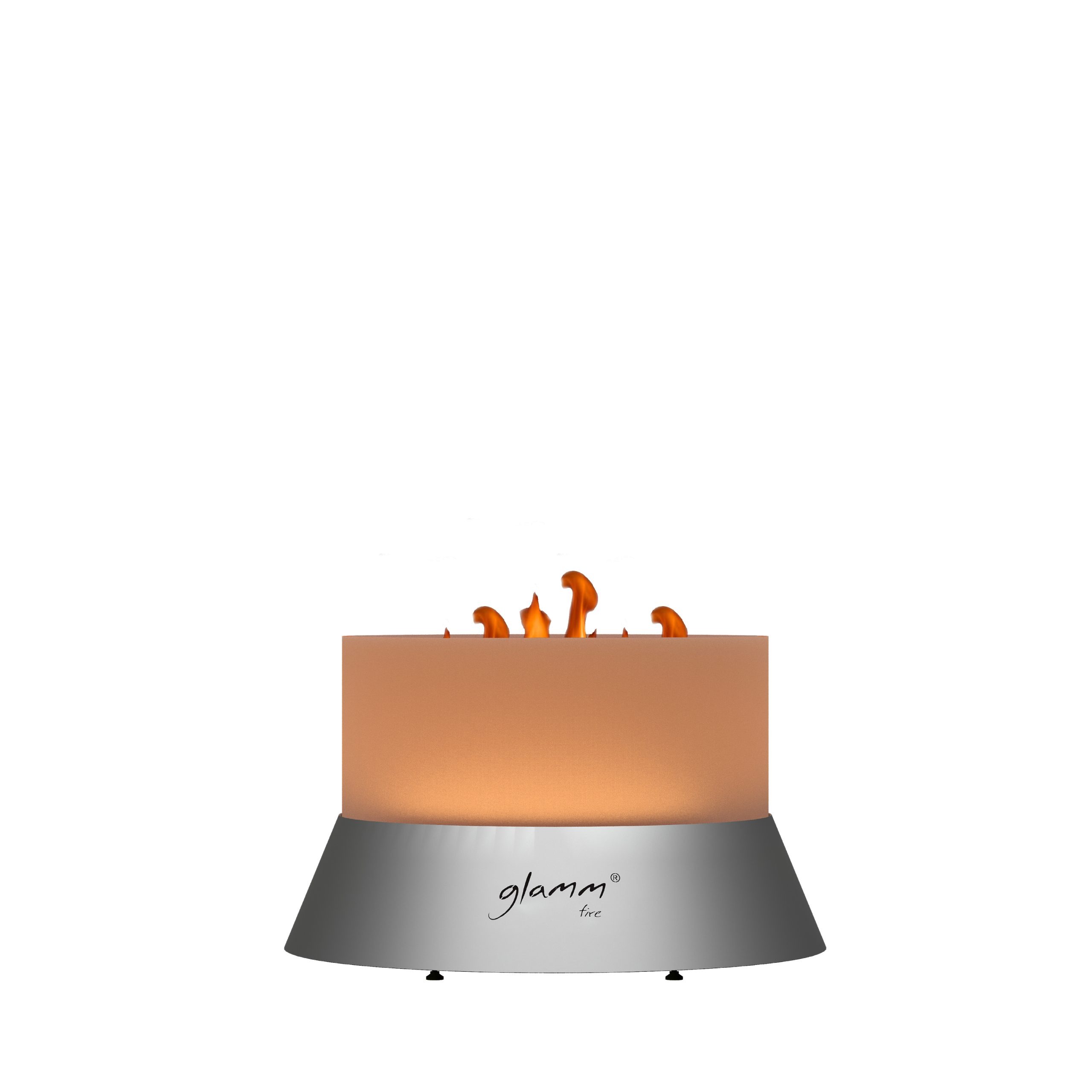 Alba Small firewood burning fire pit by GlammFire with modern stainless steel base and orange top.