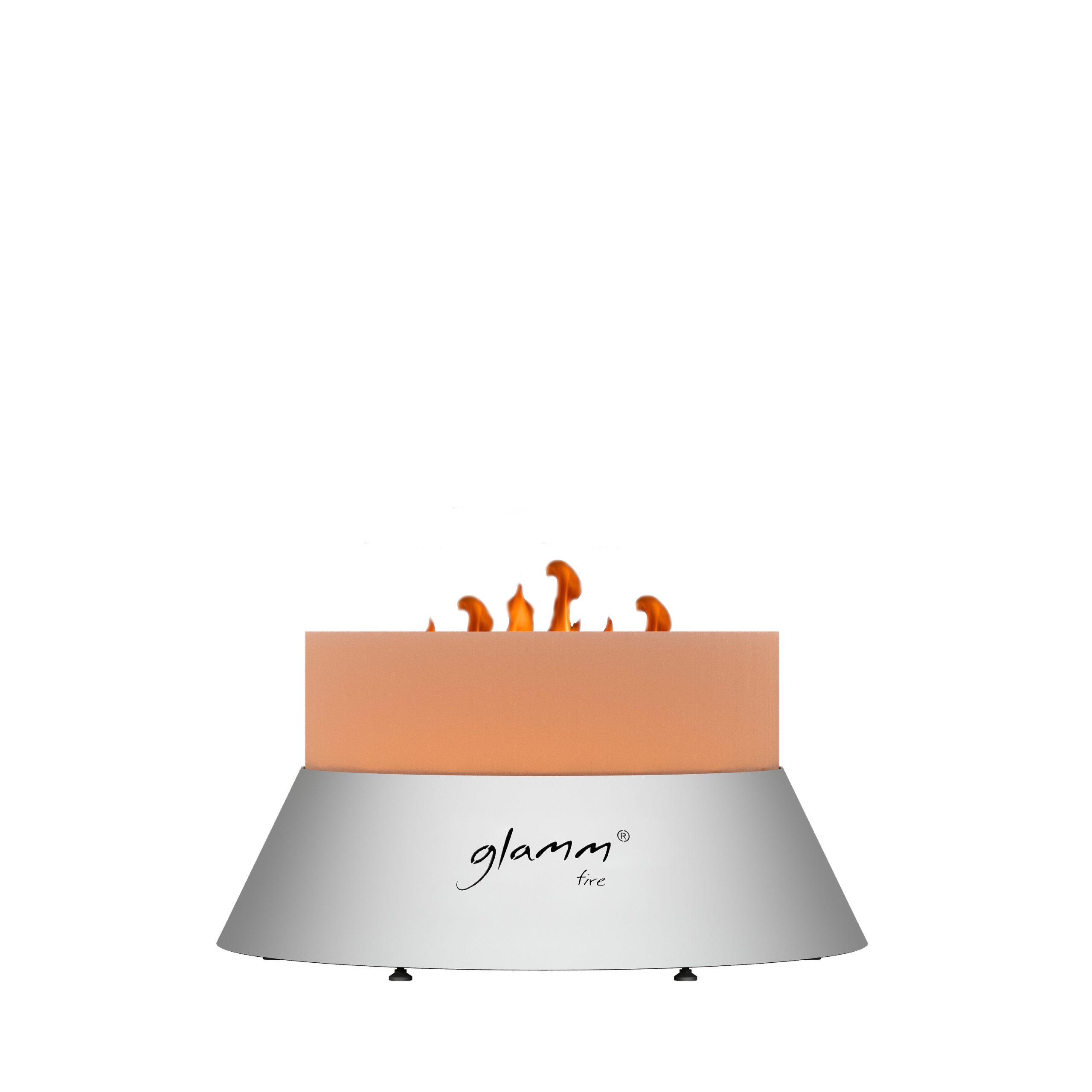 Alba Small gas fire pit by GlammFire with a modern stainless steel base and orange top.