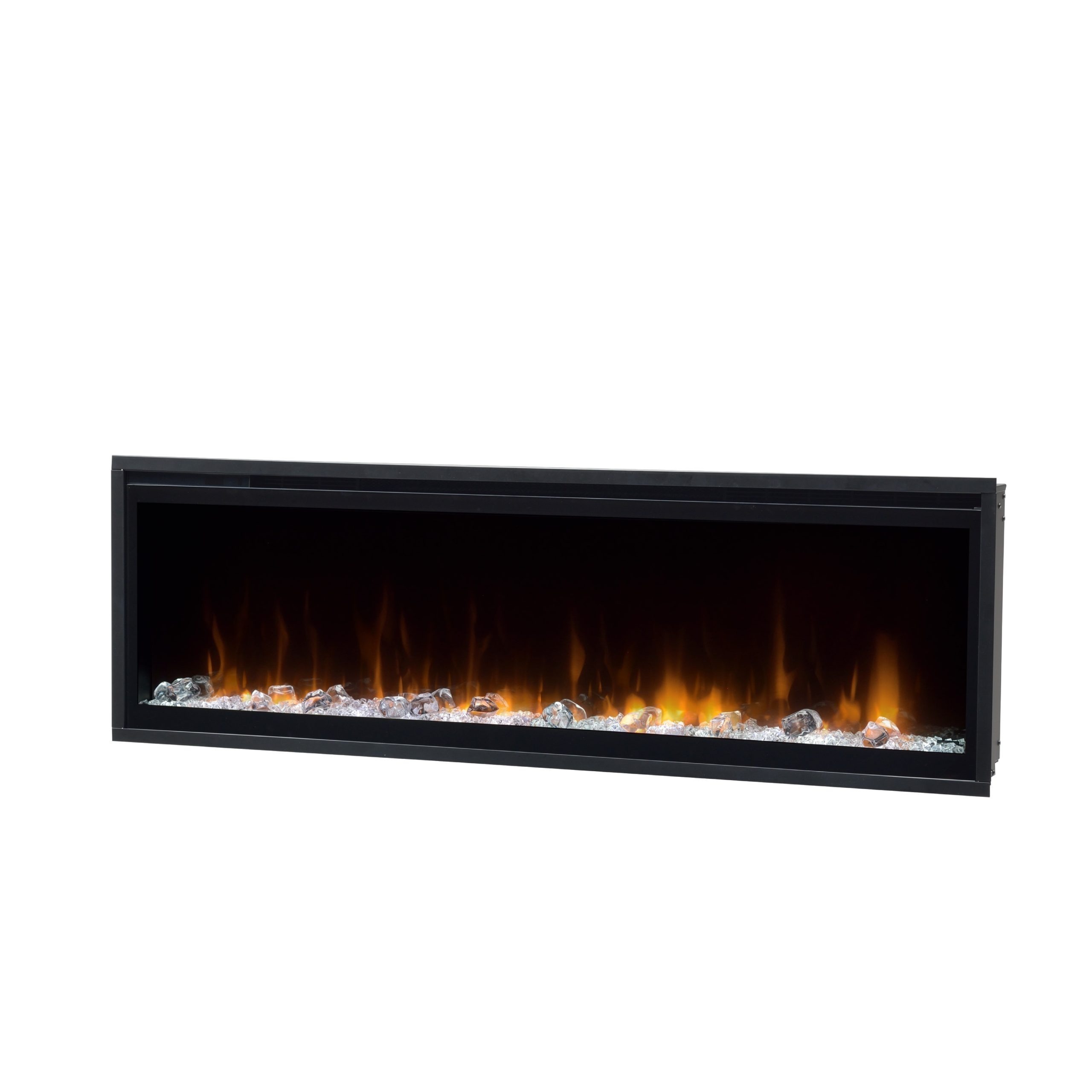 Altia electric fireplace with a sleek linear design, featuring glowing flames and crystal accents, perfect for modern interiors.