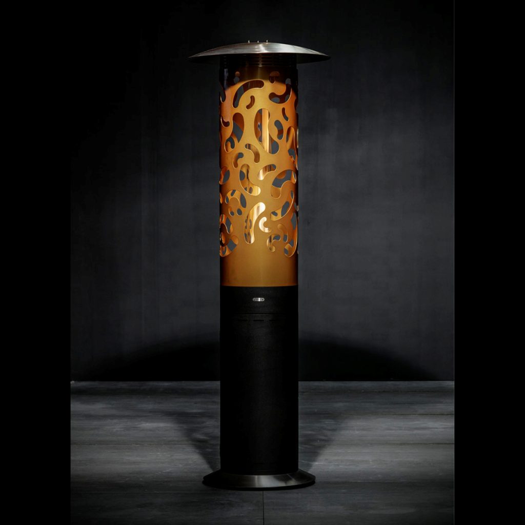 Hyperion Bliss outdoor gas heater by GlammFire, featuring an artistic perforated design in a cylindrical form, perfect for modern outdoor spaces.