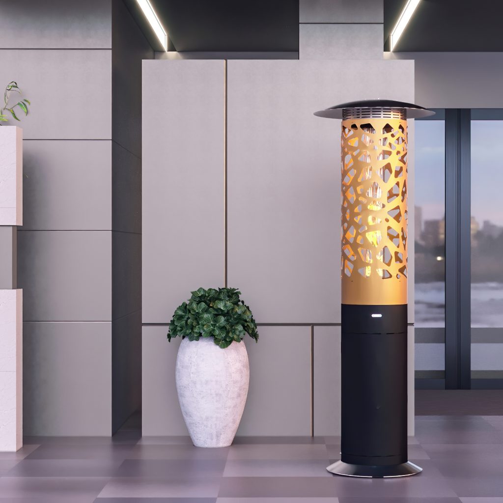 Hyperion Tile outdoor gas heater by GlammFire, located at the entrance of a hotel, showcasing its modern design with intricate tile-pattern cut-outs.