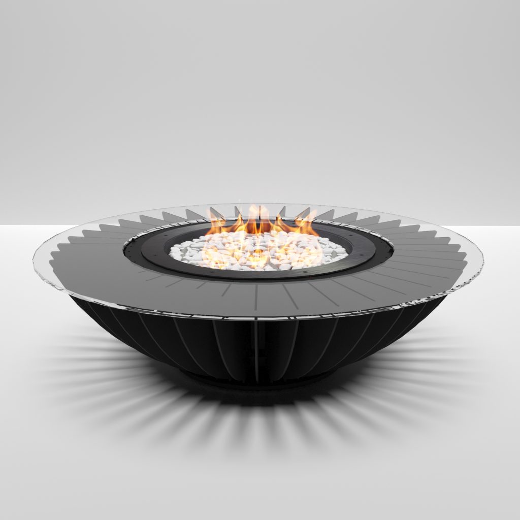 Cosmo gas fire pit by GlammFire with a modern round design, featuring sleek lines and white decorative stones, perfect for stylish outdoor heating.