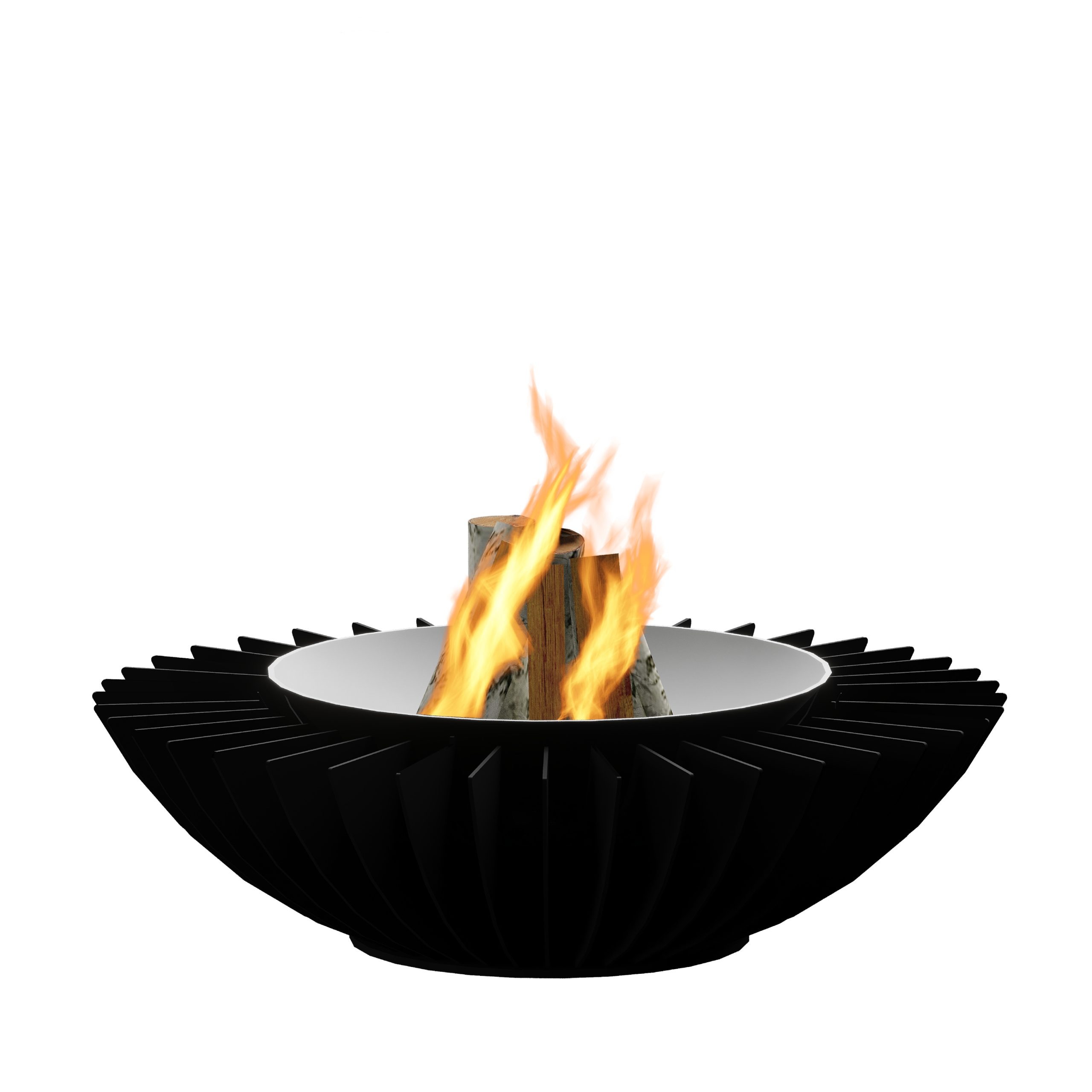GlammFire Cosmo 13 fire pit with a distinctive black steel design and wood-burning feature, showcasing a modern and luxurious aesthetic.
