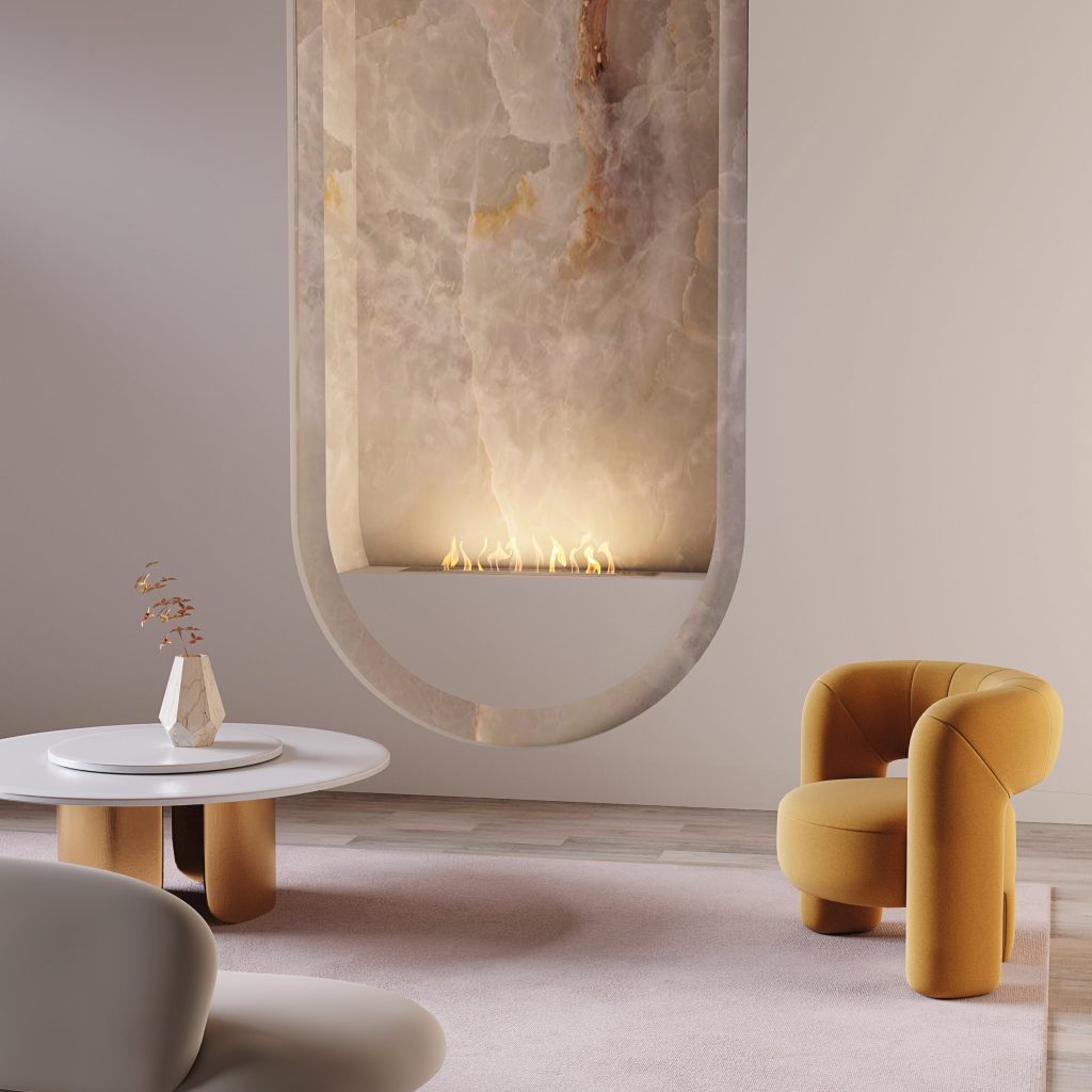 Fire Line EVOPlus bioethanol fireplace set in a luxurious marble wall in a modern, stylish living room.