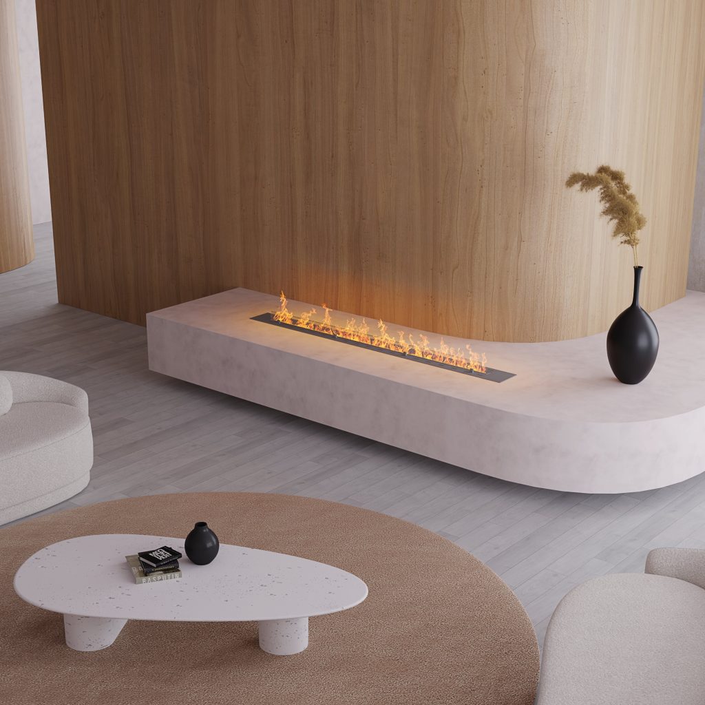 Fire Line EVOPlus bioethanol fireplace integrated into a modern minimalist interior.