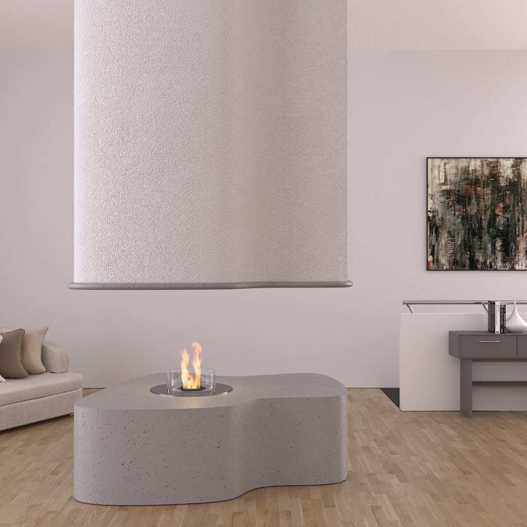Fire Round Crea7ion EVOPlus bioethanol burner by GlammFire, showcased in a modern interior, offering a sleek design and cozy ambiance for sophisticated living spaces.