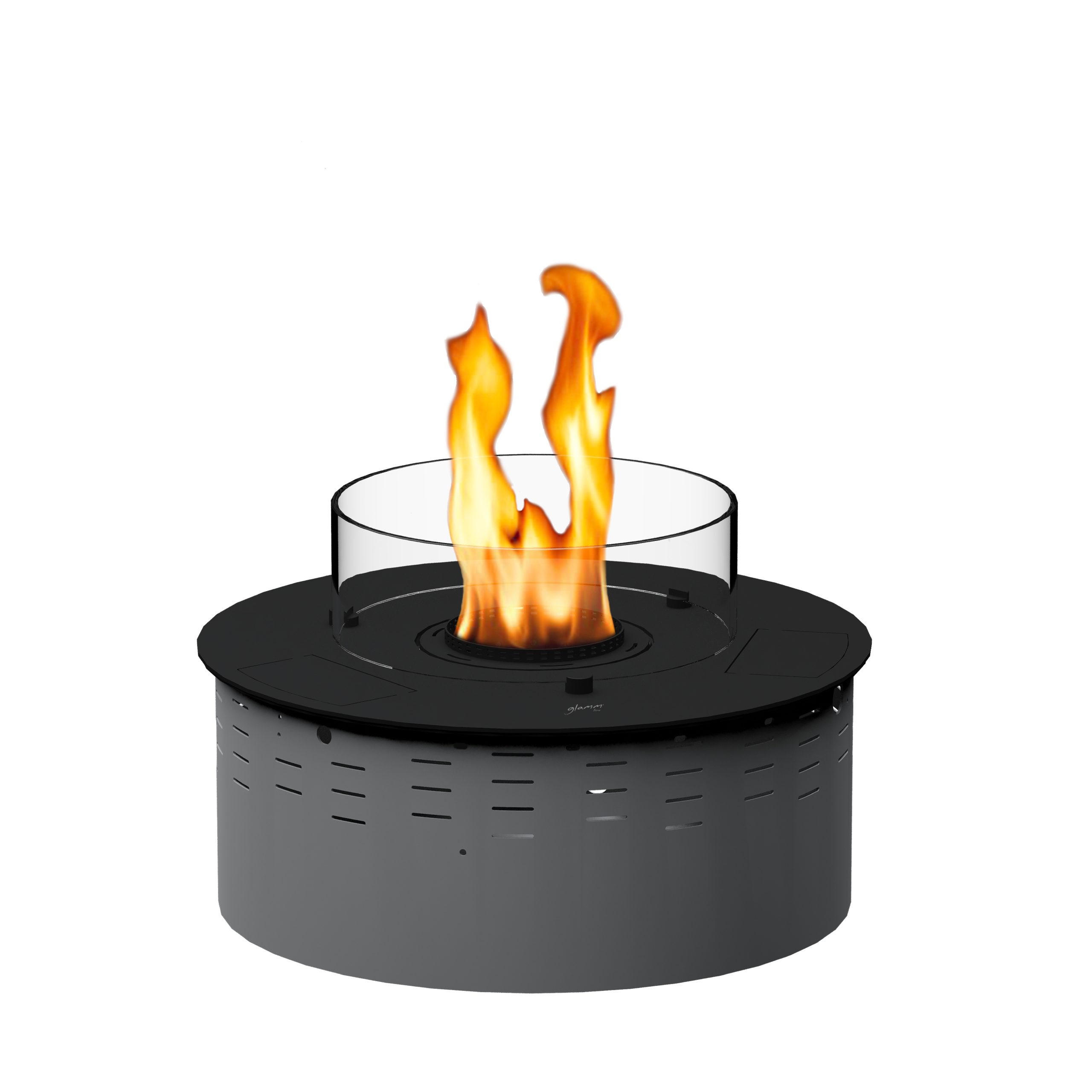 Fire Round Crea7ion EVOPlus electronic bioethanol burner by GlammFire, featuring a sleek round design with vibrant flames for modern outdoor and indoor spaces.