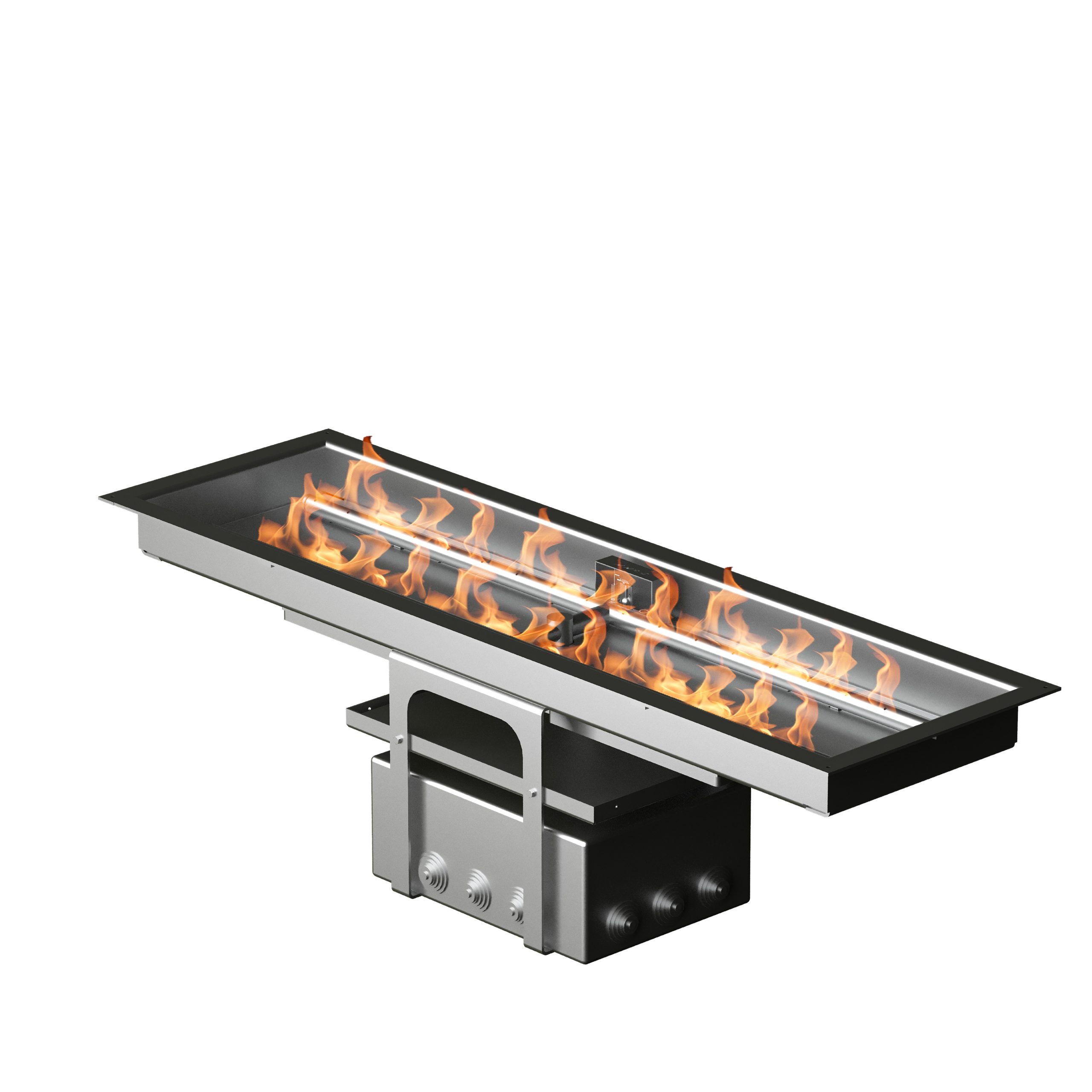 Gas burning rectangular fire zone by GlammFire, ideal for outdoor or built-in settings, providing a sleek and efficient heating solution.