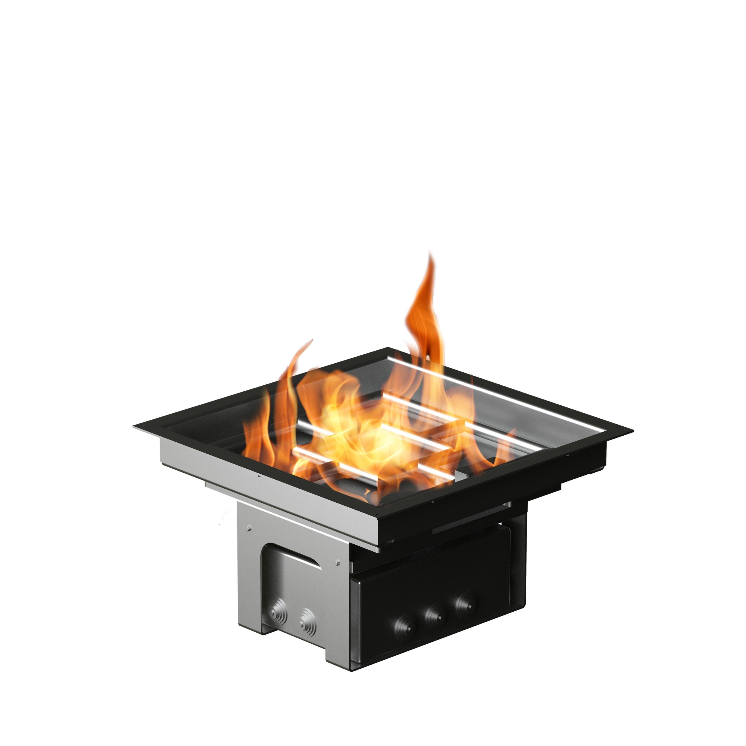 Gas burning square fire zone by GlammFire, designed for outdoor or built-in settings, providing a modern and efficient heating solution.