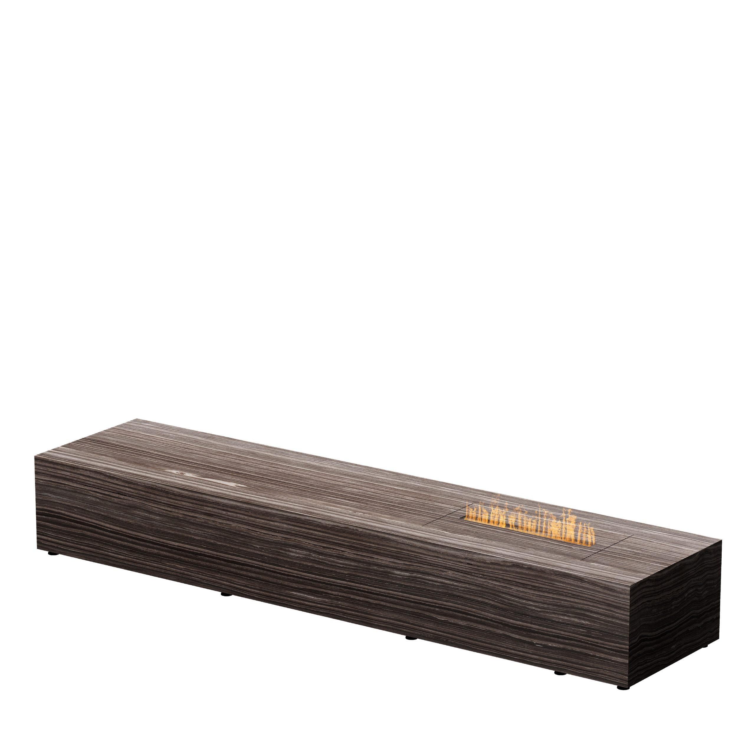 Gema electric fireplace by GlammFire made of stone, featuring a sleek, minimalist design with a long, rectangular form and a central flame, perfect for luxurious interiors.