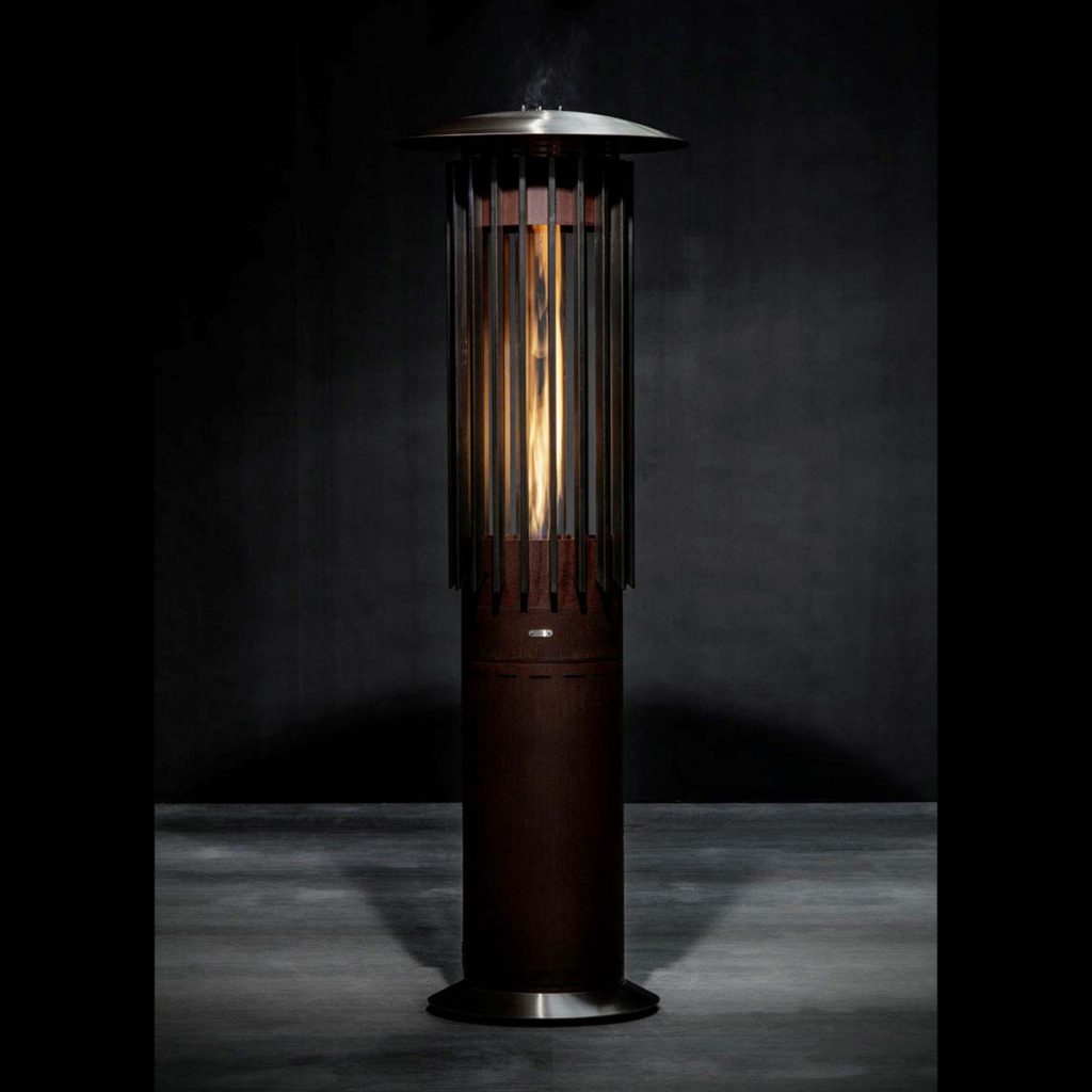 Hyperion Hedges outdoor gas heater by GlammFire with a sleek cylindrical design, featuring vertical metal slats, perfect for terraces and luxury outdoor areas.