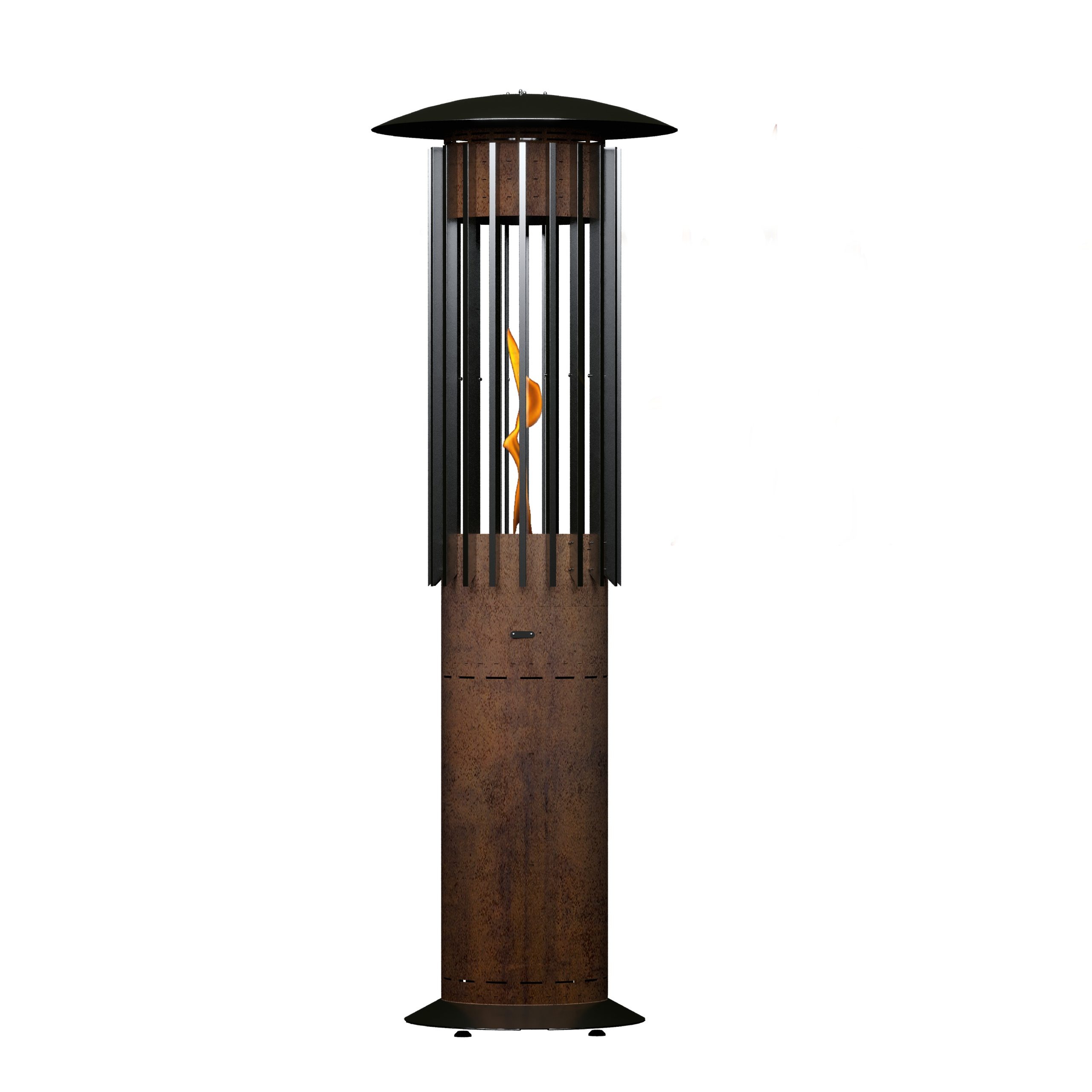 Hyperion Hedges gas heater by GlammFire, featuring a rusted cylindrical design with vertical slats, providing an industrial yet modern look for outdoor heating. Ideal for terraces and patios.