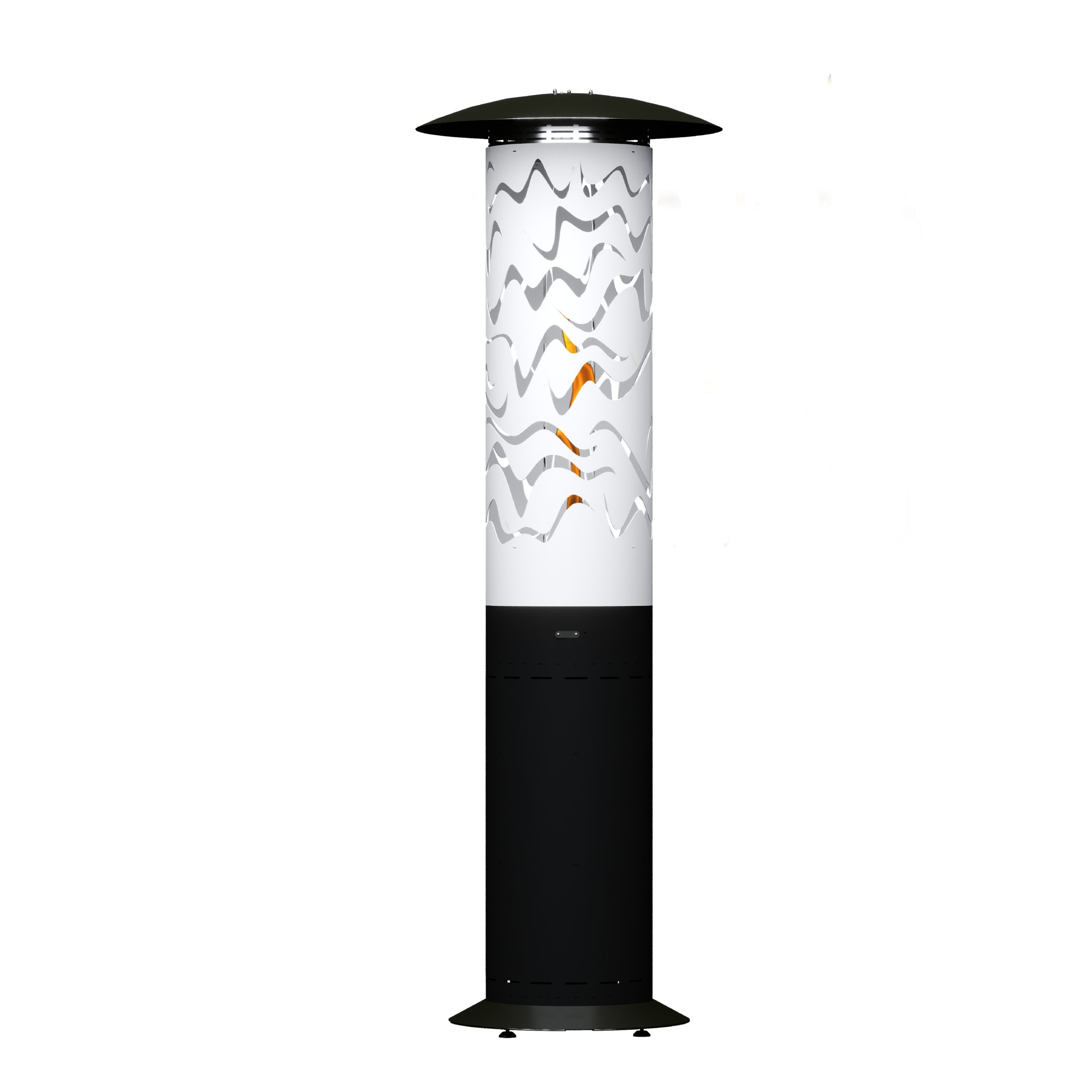 Hyperion Samba gas heater by GlammFire, featuring a modern white and black cylindrical design with artistic cutouts, ideal for outdoor heating in terraces, gardens, and patios.