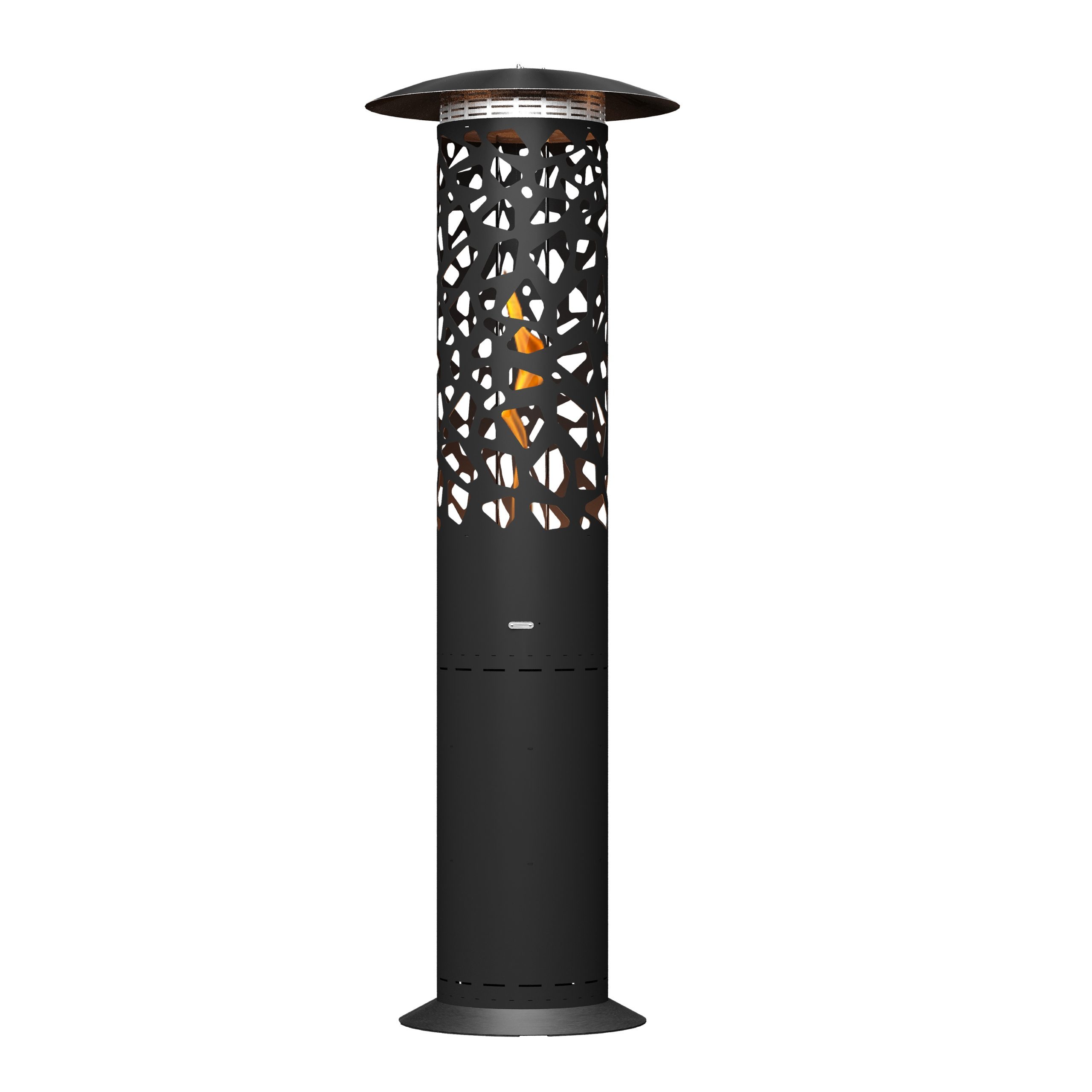 Hyperion Tile gas heater by GlammFire, featuring a sleek perforated black cylindrical design with a modern aesthetic, perfect for outdoor heating in gardens, patios, and terraces.
