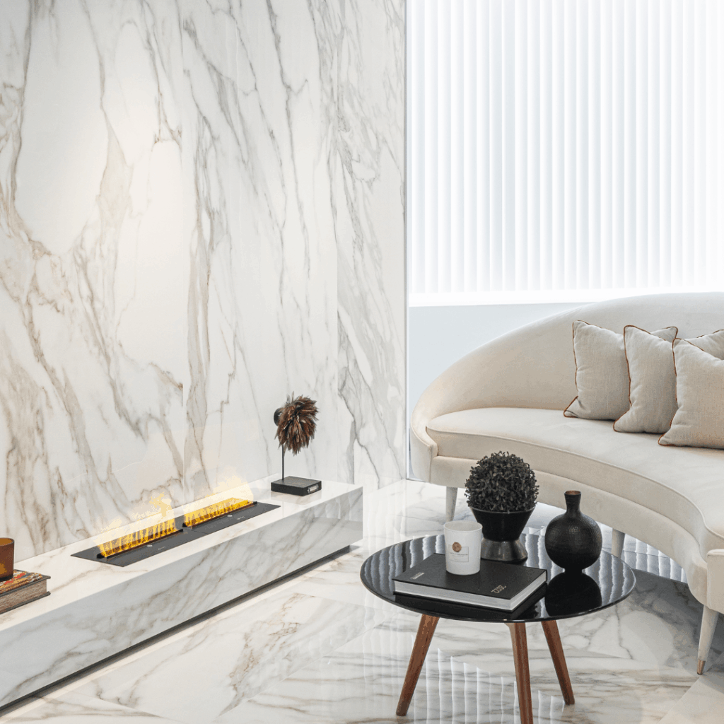 Kit Glamm 3DS electric fireplace by GlammFire integrated into a luxurious marble contemporary interior