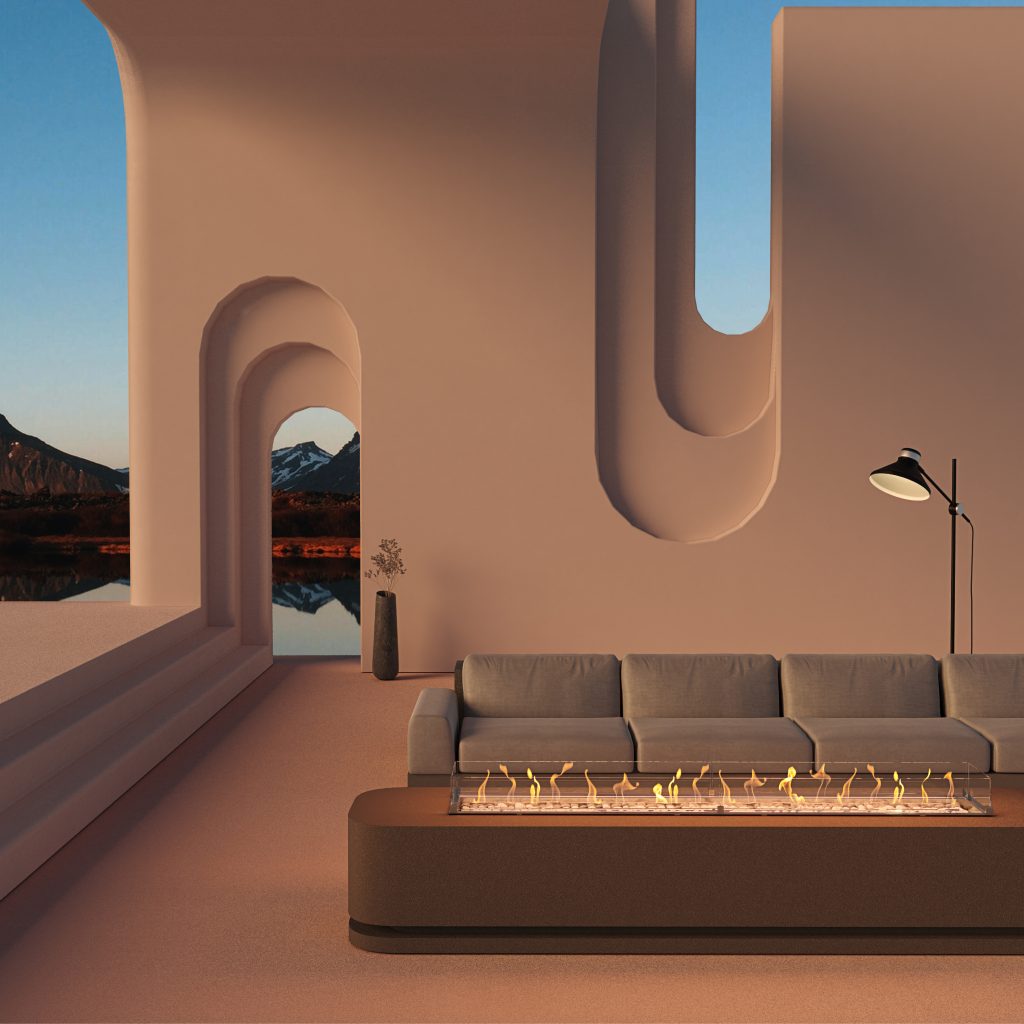 Rectangular gas fire burner by GlammFire in a modern and minimalistic outdoor lounge, offering a sleek heating solution.