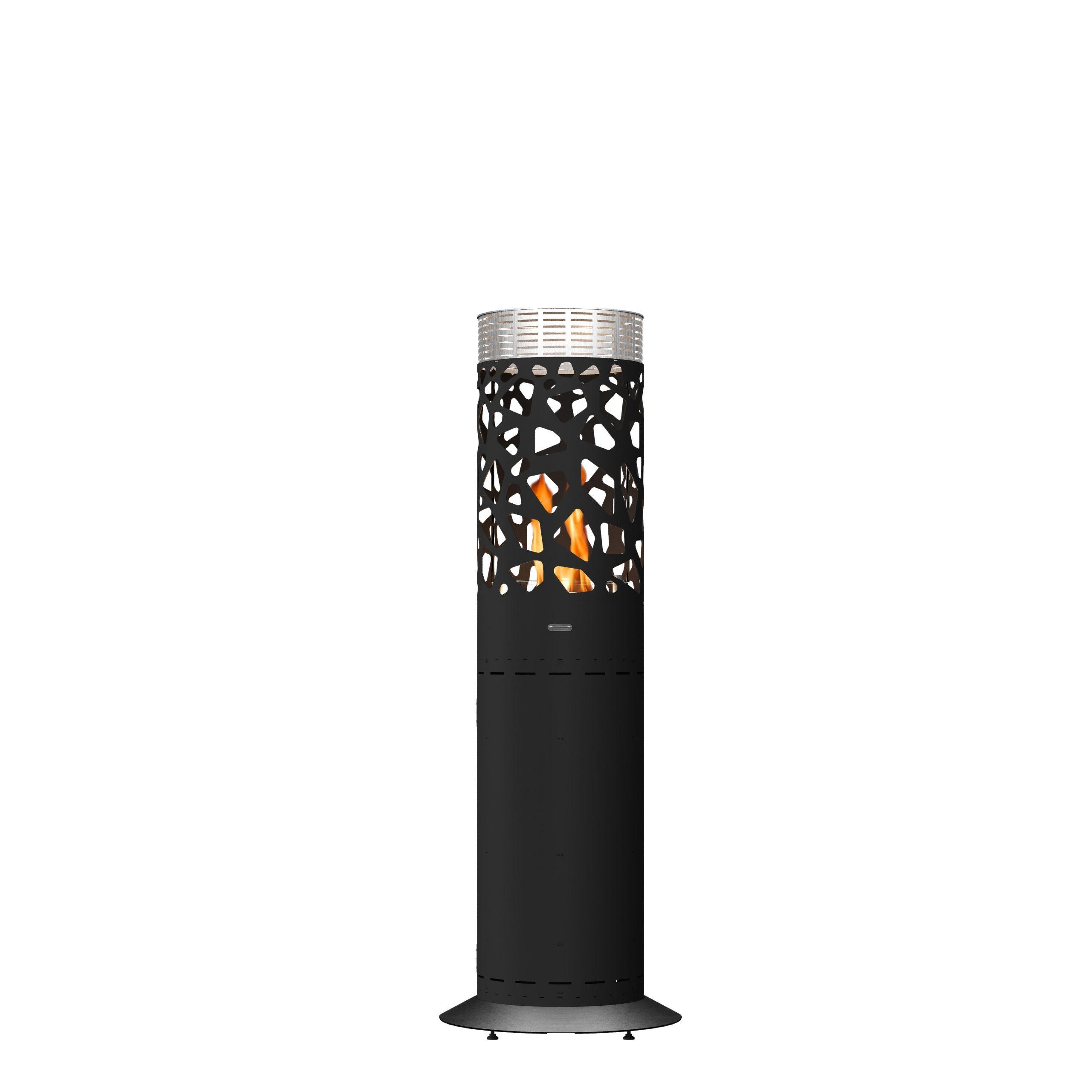 Selene Tile gas heater by GlammFire, showcasing a modern and perforated black cylindrical design, ideal for outdoor heating in gardens and patios.