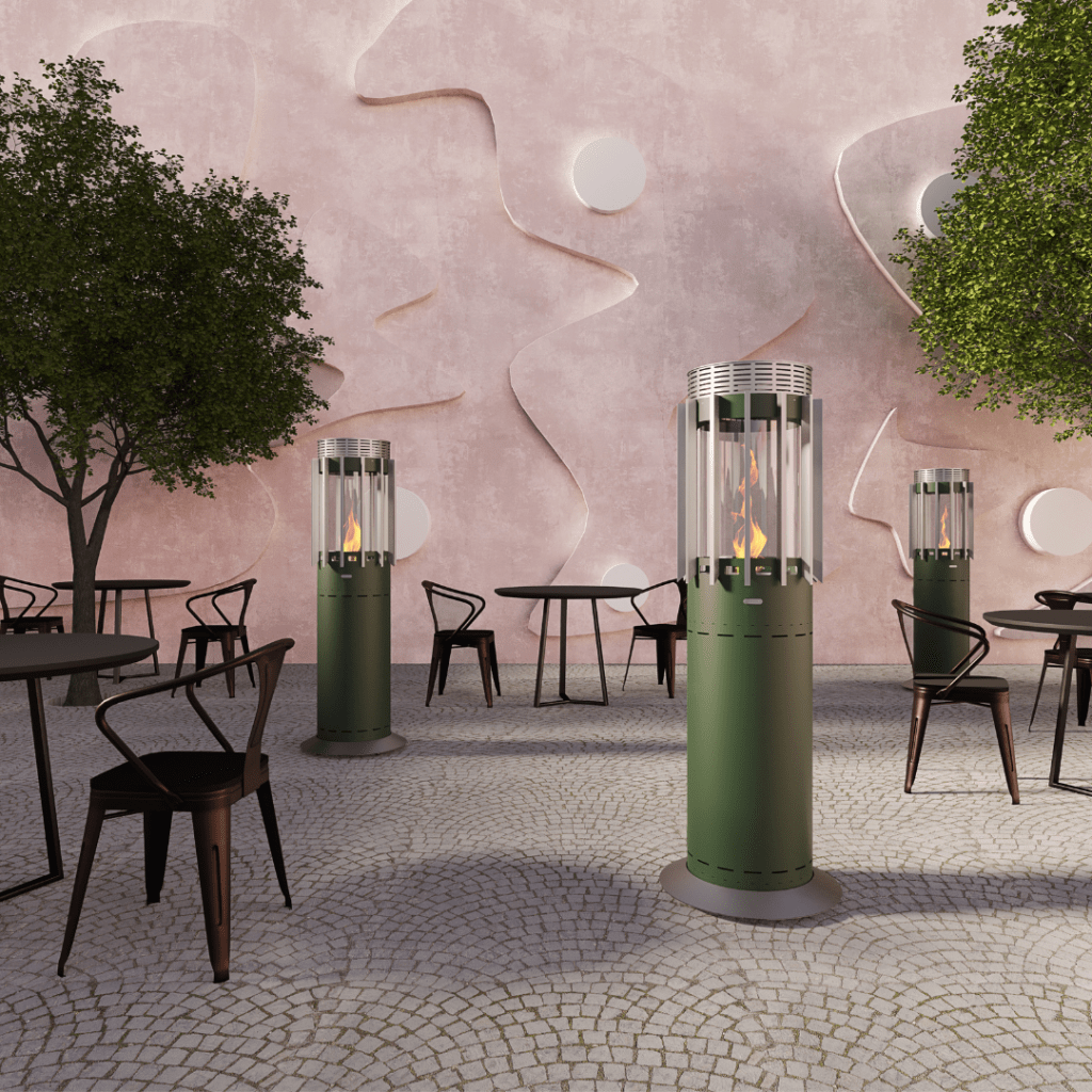 Outdoor gas heaters Selene Hedges by GlammFire in a modern setting, featuring sleek green cylindrical design, ideal for outdoor cafes or patios.