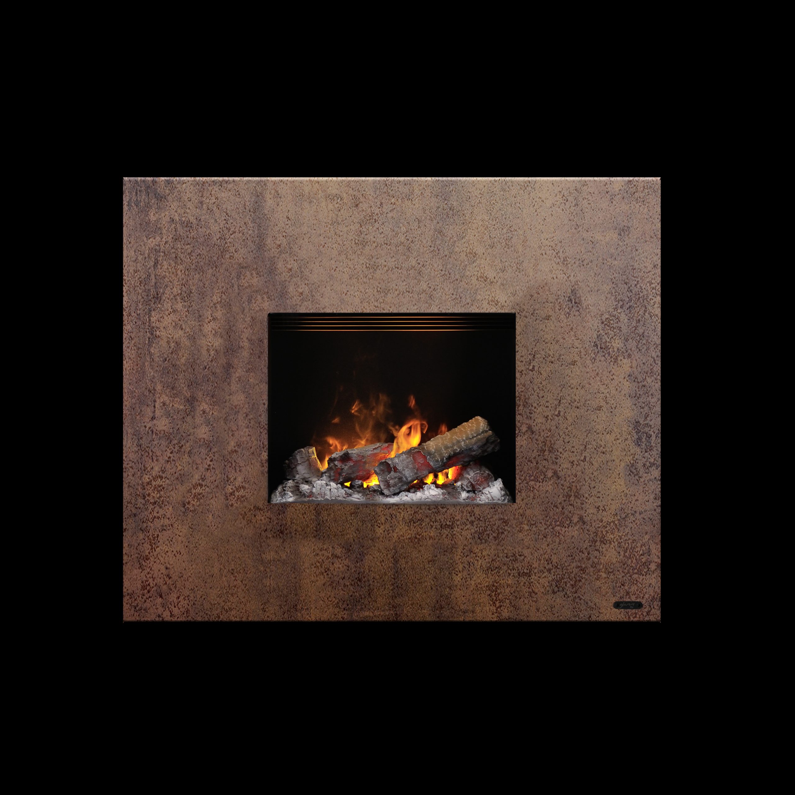 Senses electric wall-mounted fireplace by GlammFire, featuring a rustic finish with realistic flames and wood logs for a cozy, modern atmosphere.
