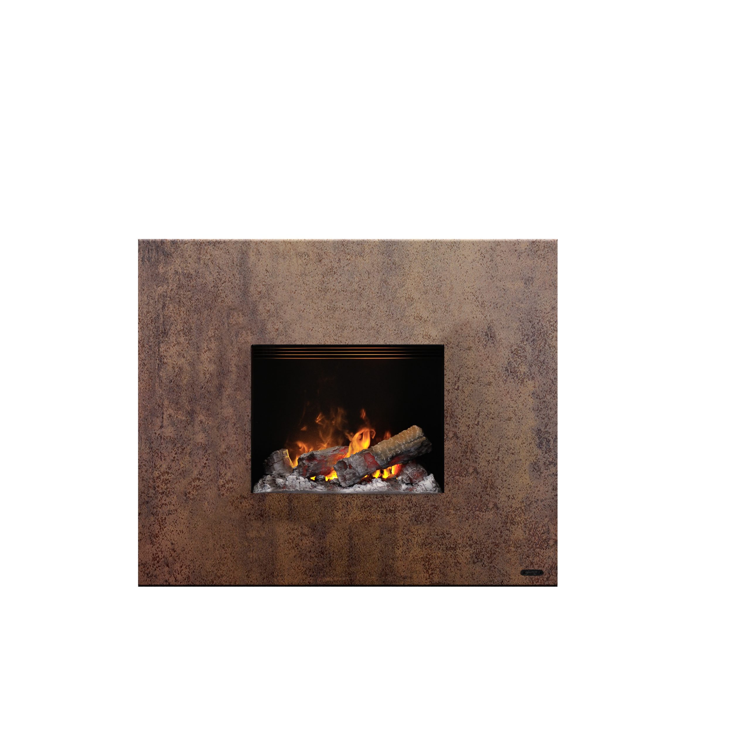 Senses electric wall-mounted fireplace with rustic finish, featuring realistic flames and logs for a cozy and modern ambiance.